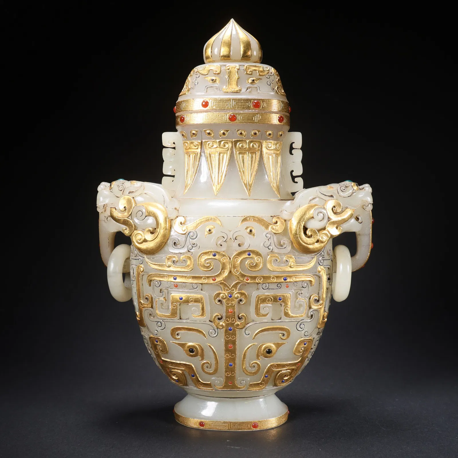 A HETIAN JADE COVERED VASE WITH DOUBLE RINGS, DRAGON AND PHOENIX MOTIF, INLAID WITH GOLD AND