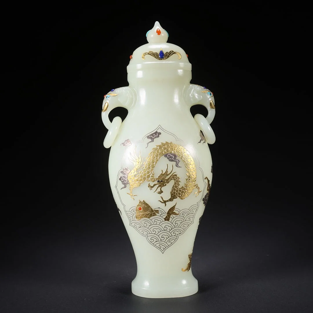 A HETIAN JADE COVERED VASE WITH INLAID GOLD, SILVER, AND GEMSTONES, DOUBLE ELEPHANT HANDLES