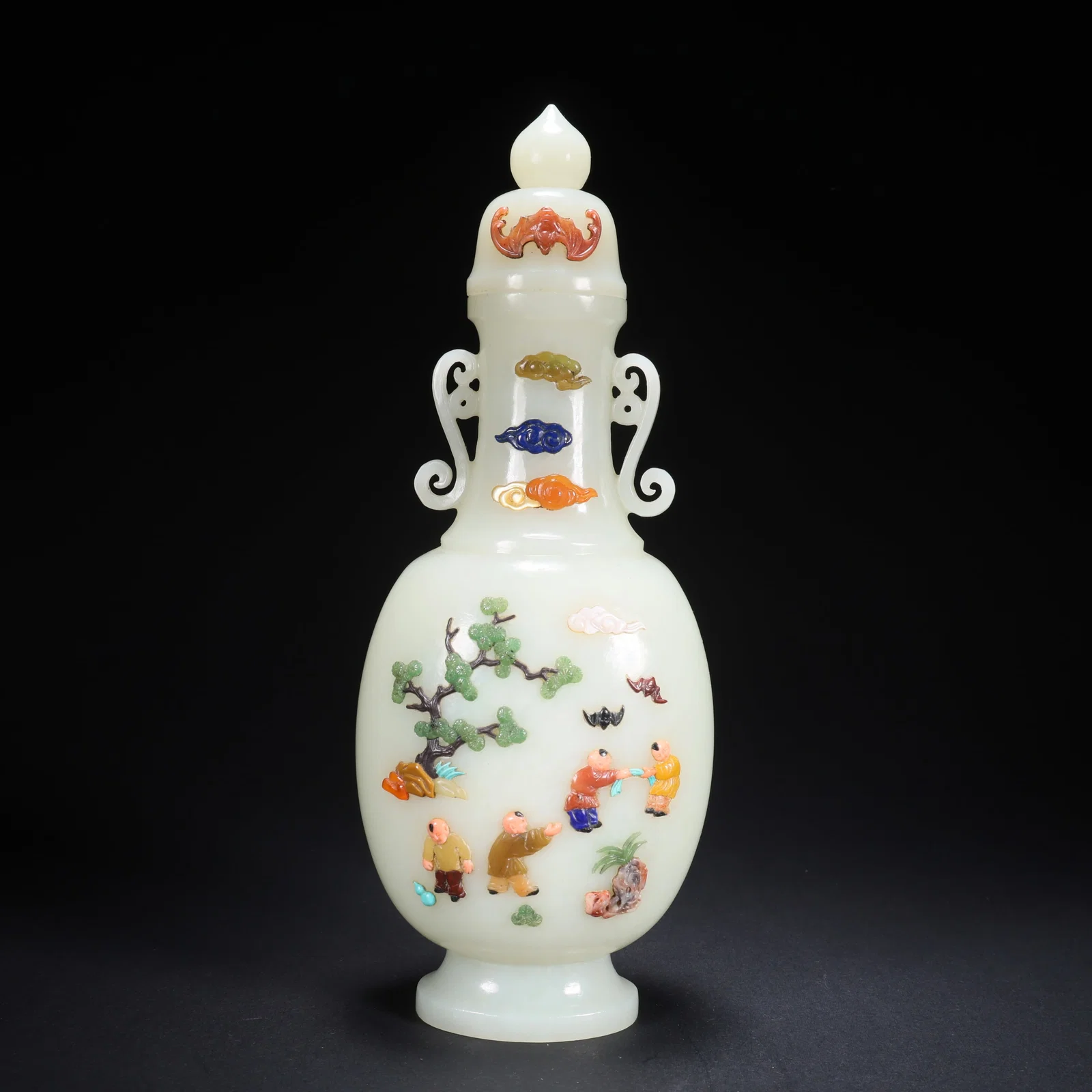 A HETIAN JADE COVERED VASE WITH INLAID PRECIOUS STONES AND FIGURES