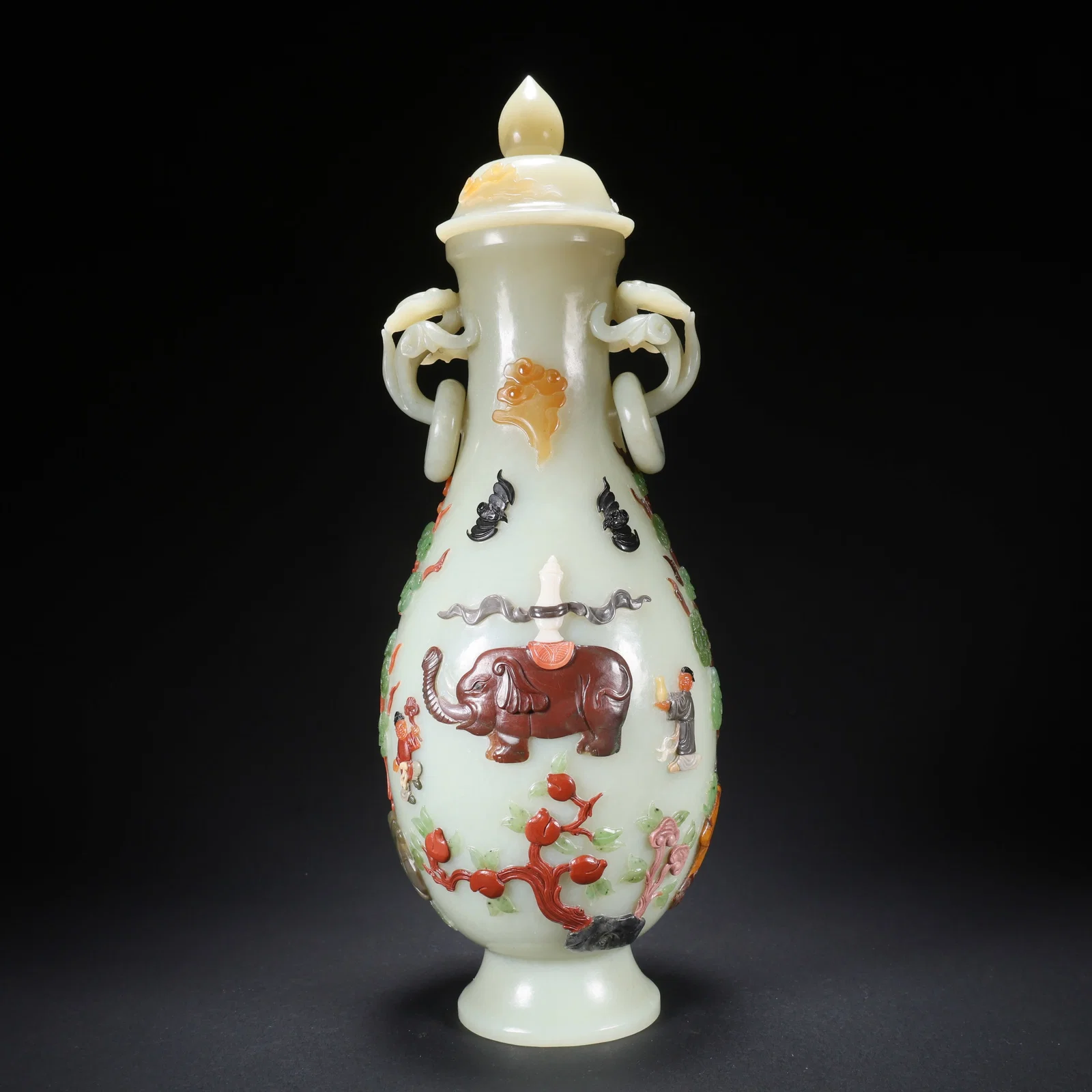 A HETIAN JADE COVERED VASE WITH INLAID PRECIOUS STONES, "PEACEFUL ELEPHANT" MOTIF, AND DOUBLE RING