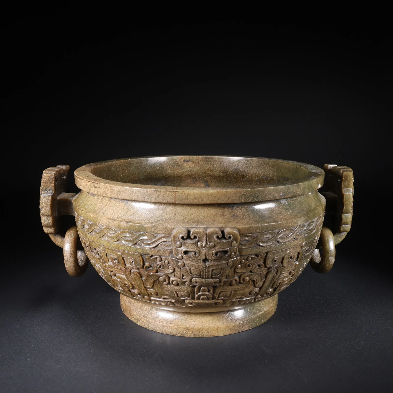 A HETIAN JADE DOUBLE-HANDLED CENSER WITH BEAST FACES