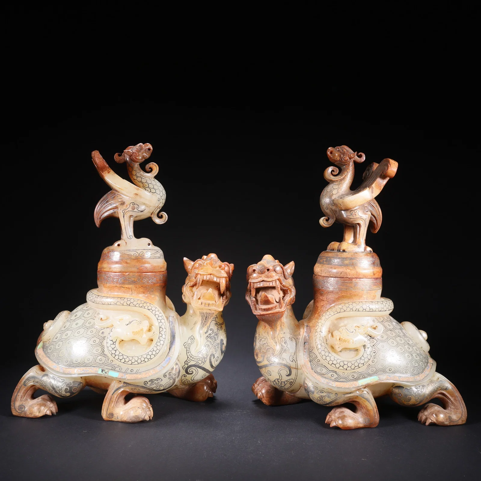 A HETIAN JADE DRAGON-TURTLE COVERED VASE WITH PHOENIX KNOB, INLAID WITH GOLD AND SILVER, PAIR