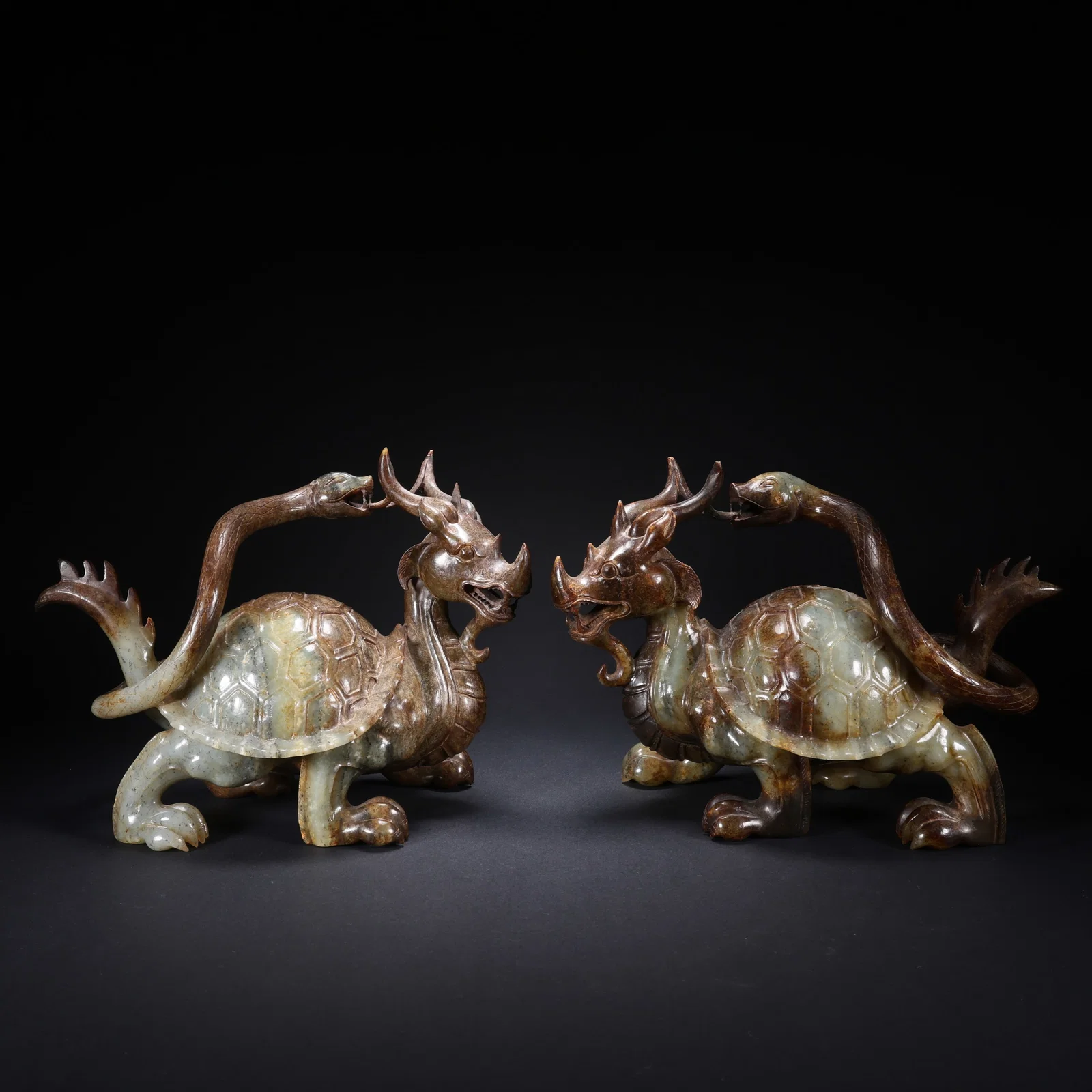 A HETIAN JADE DRAGON-TURTLE PAIR