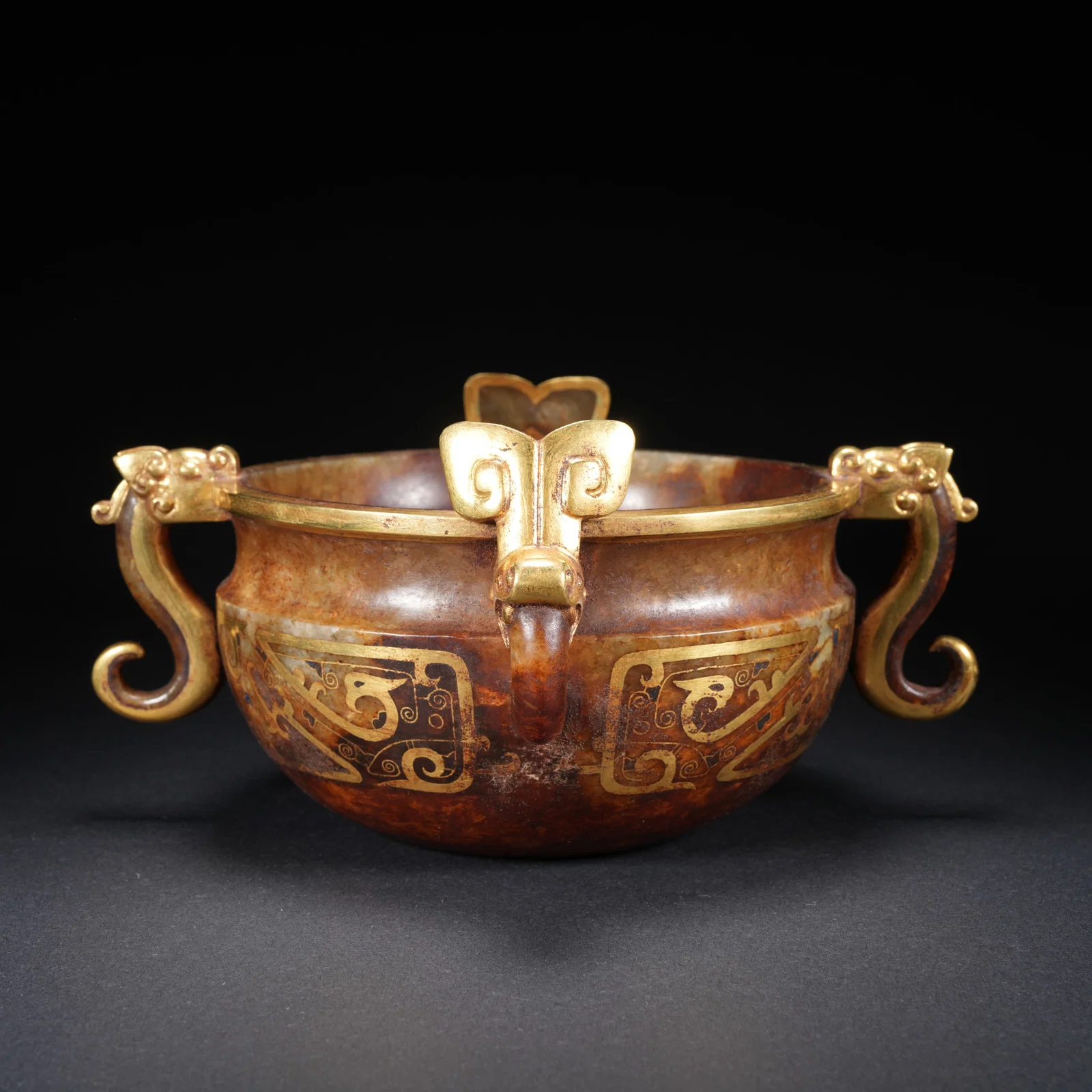 A HETIAN JADE GILT-INLAID FOUR-BEAST-HANDLED CENSER