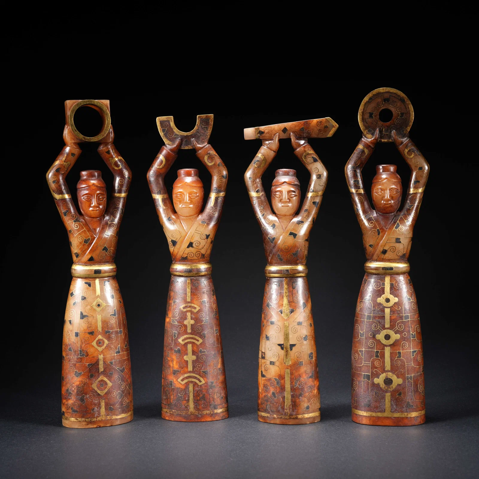 A HETIAN JADE GILT-INLAID SERVANT FIGURES (SET)