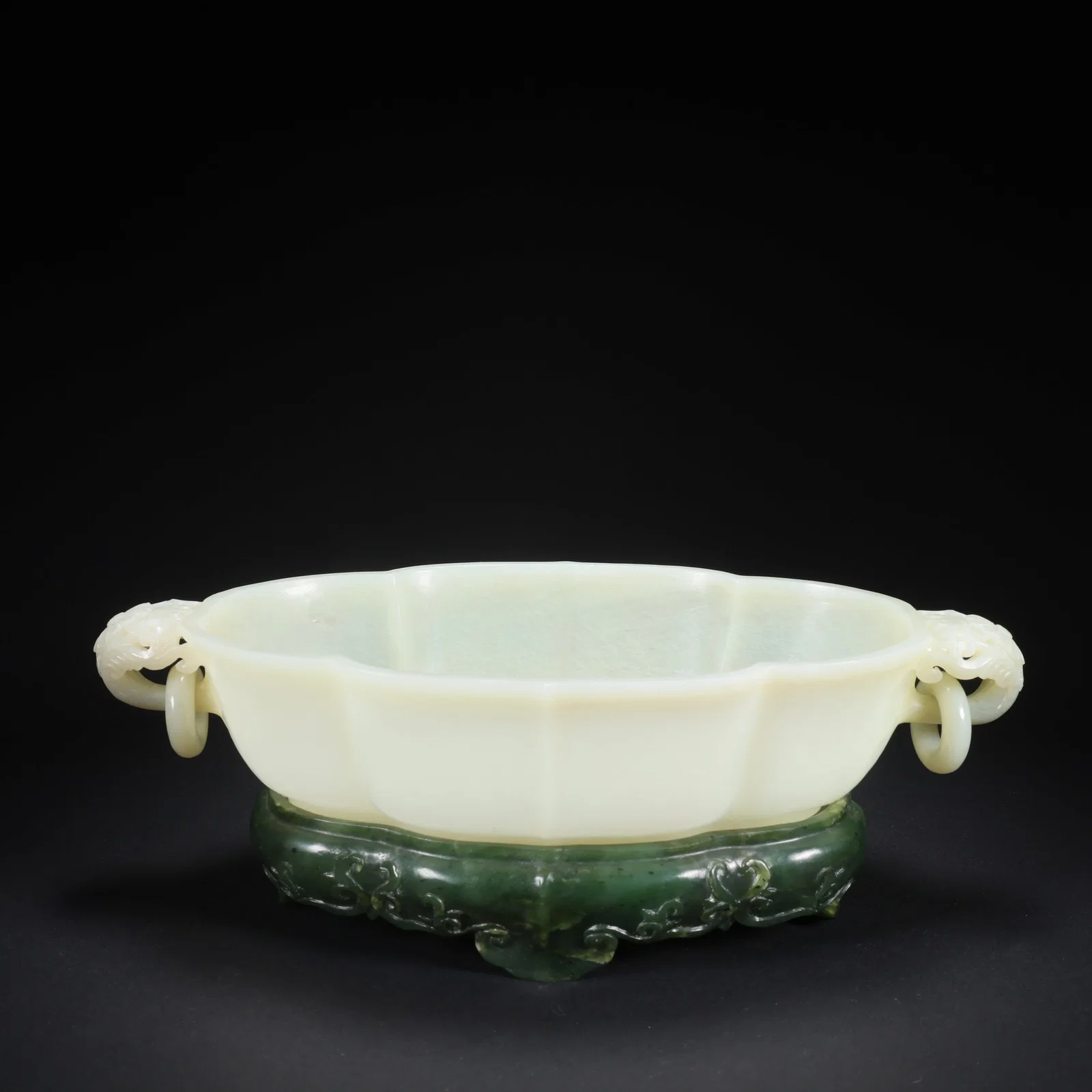 A HETIAN JADE OVAL BRUSH WASHER WITH DOUBLE RING HANDLES ON JASPER BASE