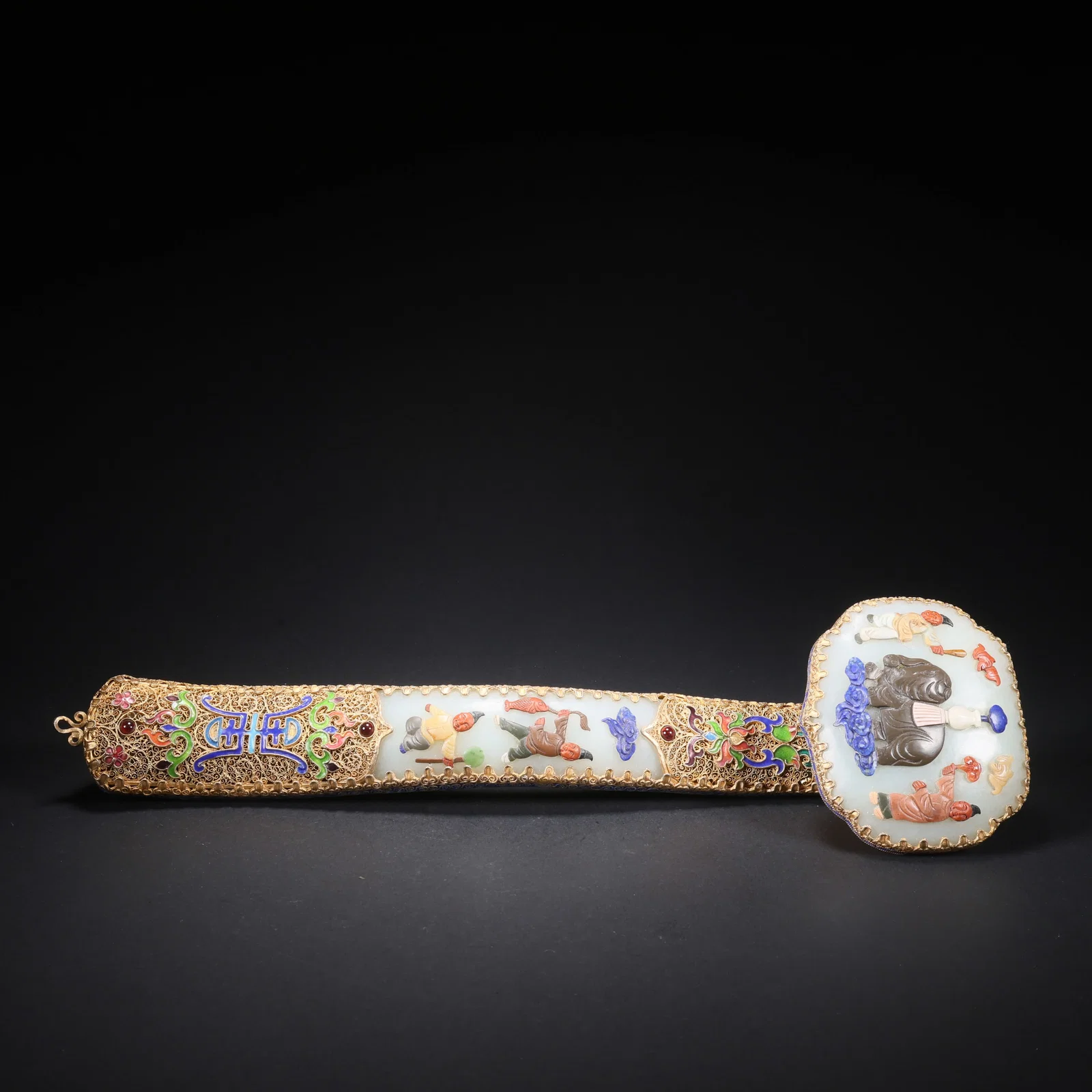A HETIAN JADE RUYI WITH SILVER-GILT CLOISONNÉ ENAMEL AND INLAID PRECIOUS STONES