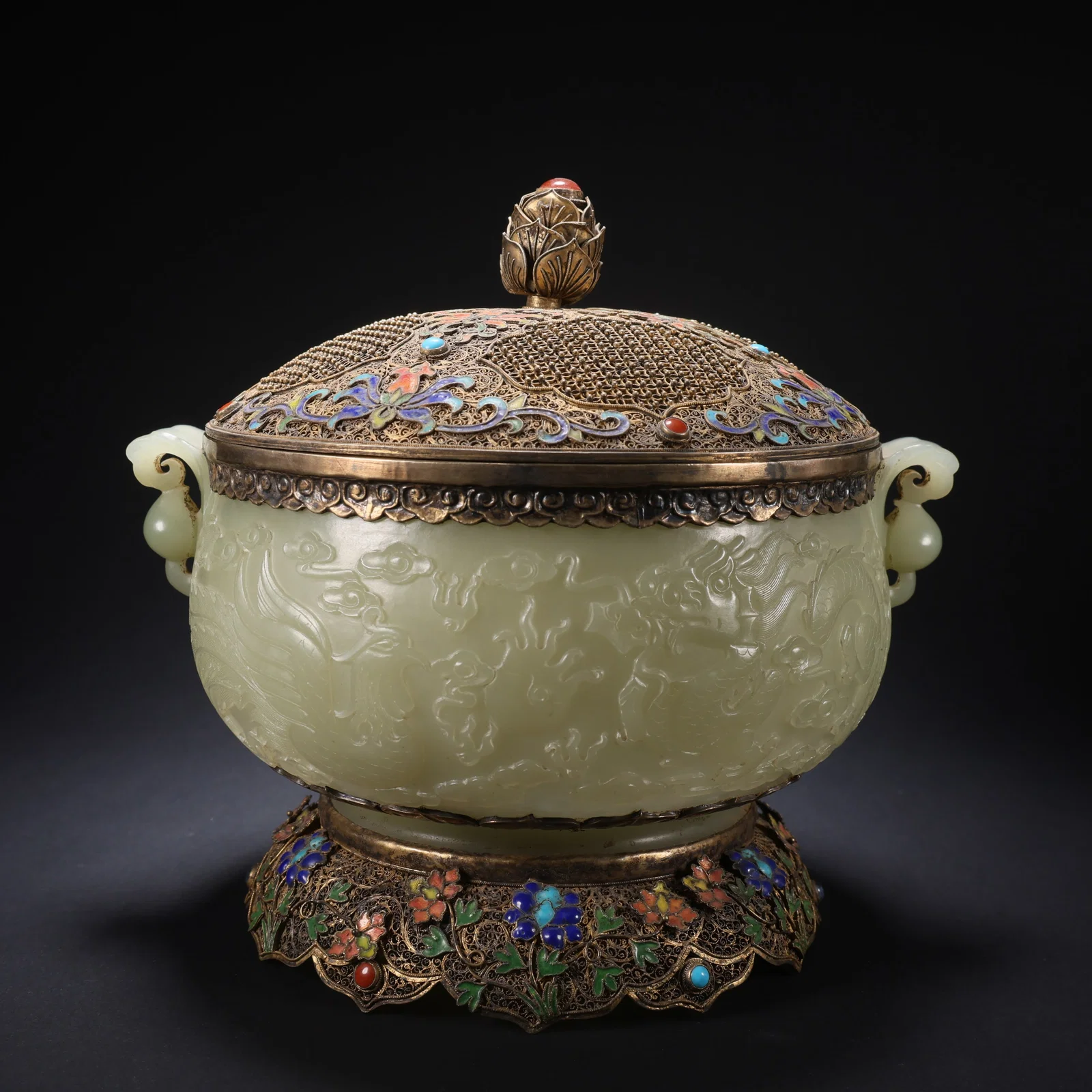 A HETIAN JADE SILVER-GILDED CLOISONNÉ ENAMEL INLAID GEM DRAGON-AND-PHOENIX PLAYING PEARL COVERED