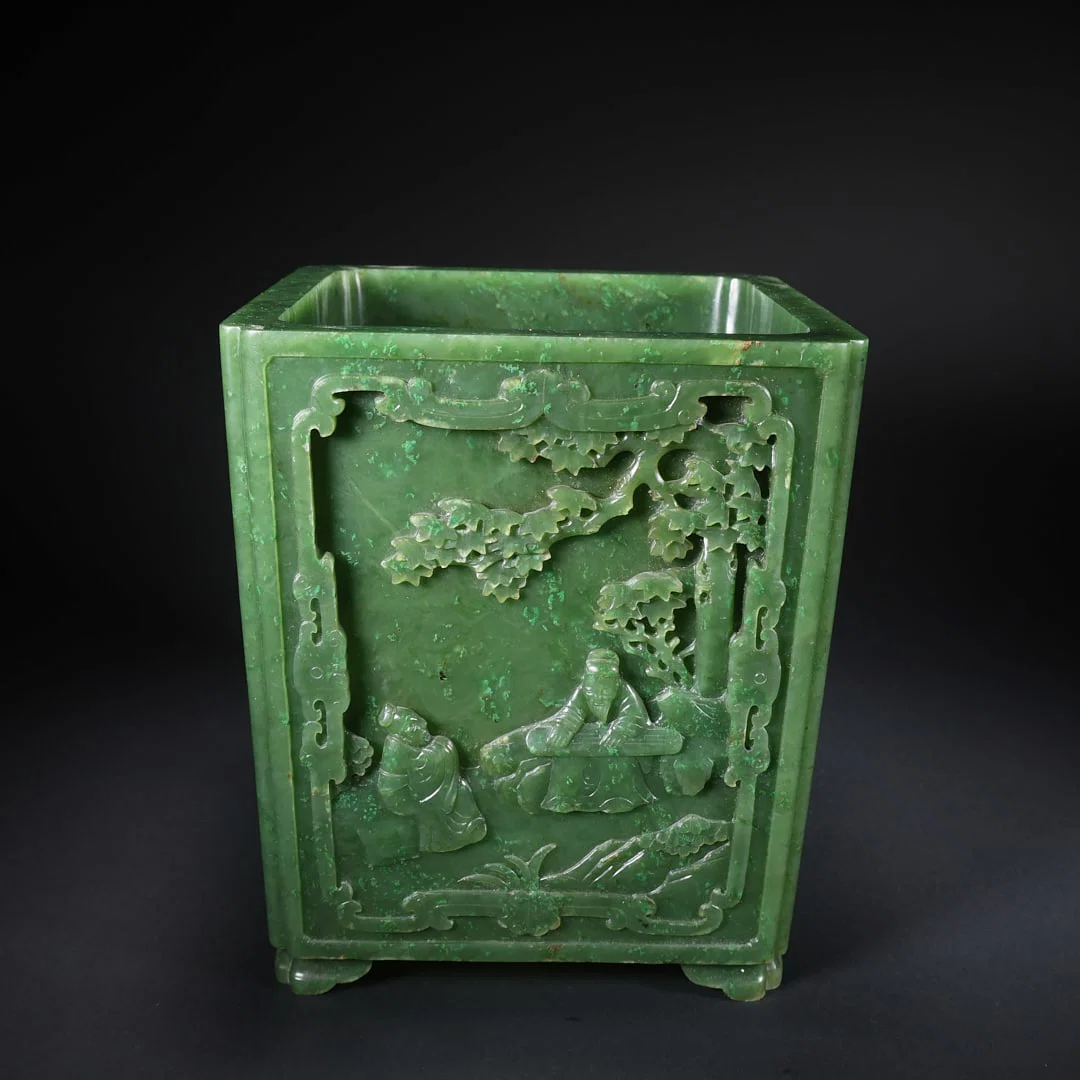 A HETIAN JASPER SQUARE BRUSH POT WITH SCHOLAR FIGURES