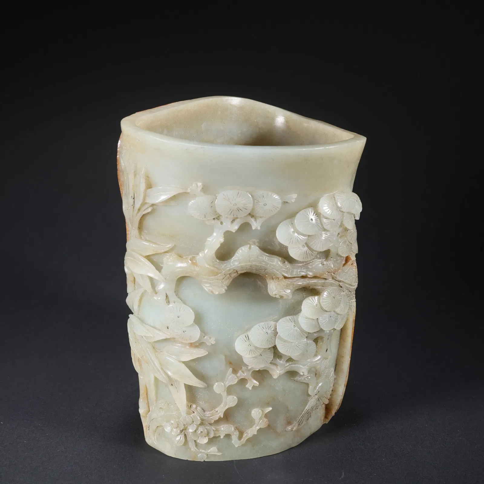 A HETIAN ZIYU JADE BRUSH HOLDER CARVED WITH POETRY, TWIN CRANES, AND LANDSCAPE