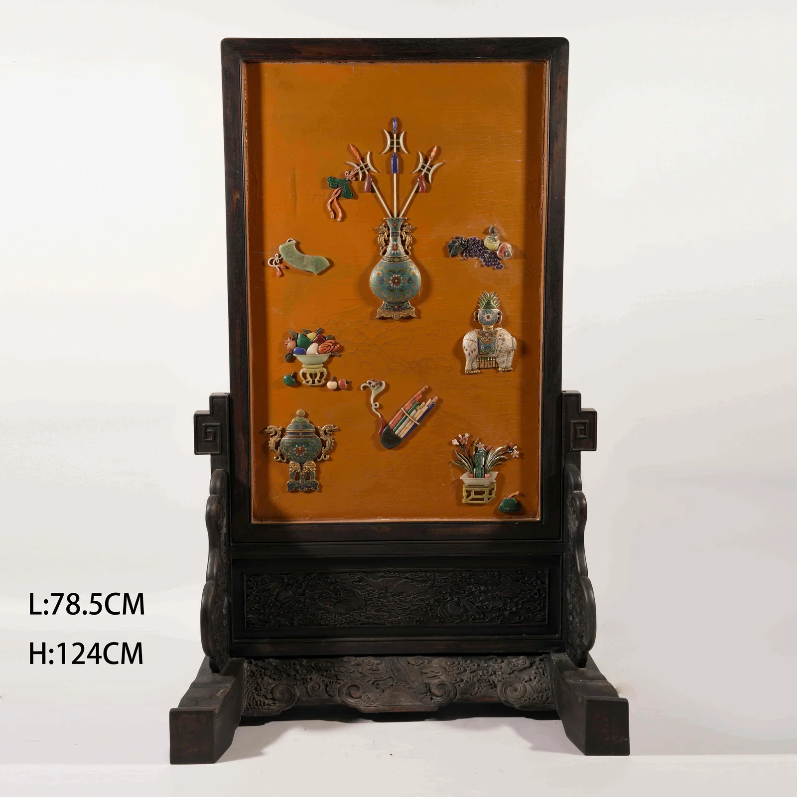 A HUANGHUALI SCREEN PANEL INLAID WITH CLOISONNÉ ENAMEL ON BRONZE AND "HUNDRED TREASURES", DECORATED