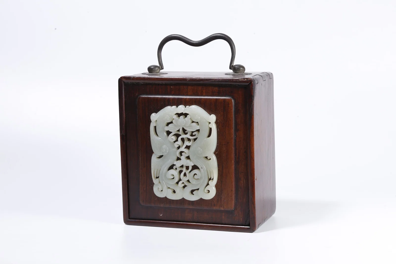 A HUANGHUALI WOOD LIDDED BOX INLAID WITH HETIAN JADE CARVED WITH DOUBLE PHOENIX MOTIFS