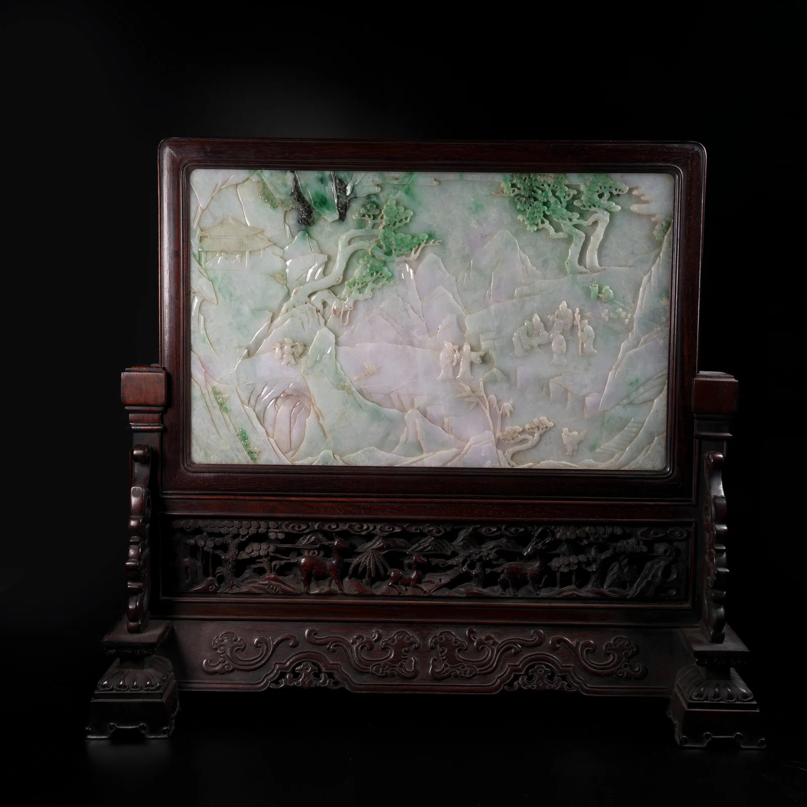 A HUANGHUALI WOOD SCREEN INLAID WITH JADEITE, ELEGANT GATHERING UNDER PINE SCENE