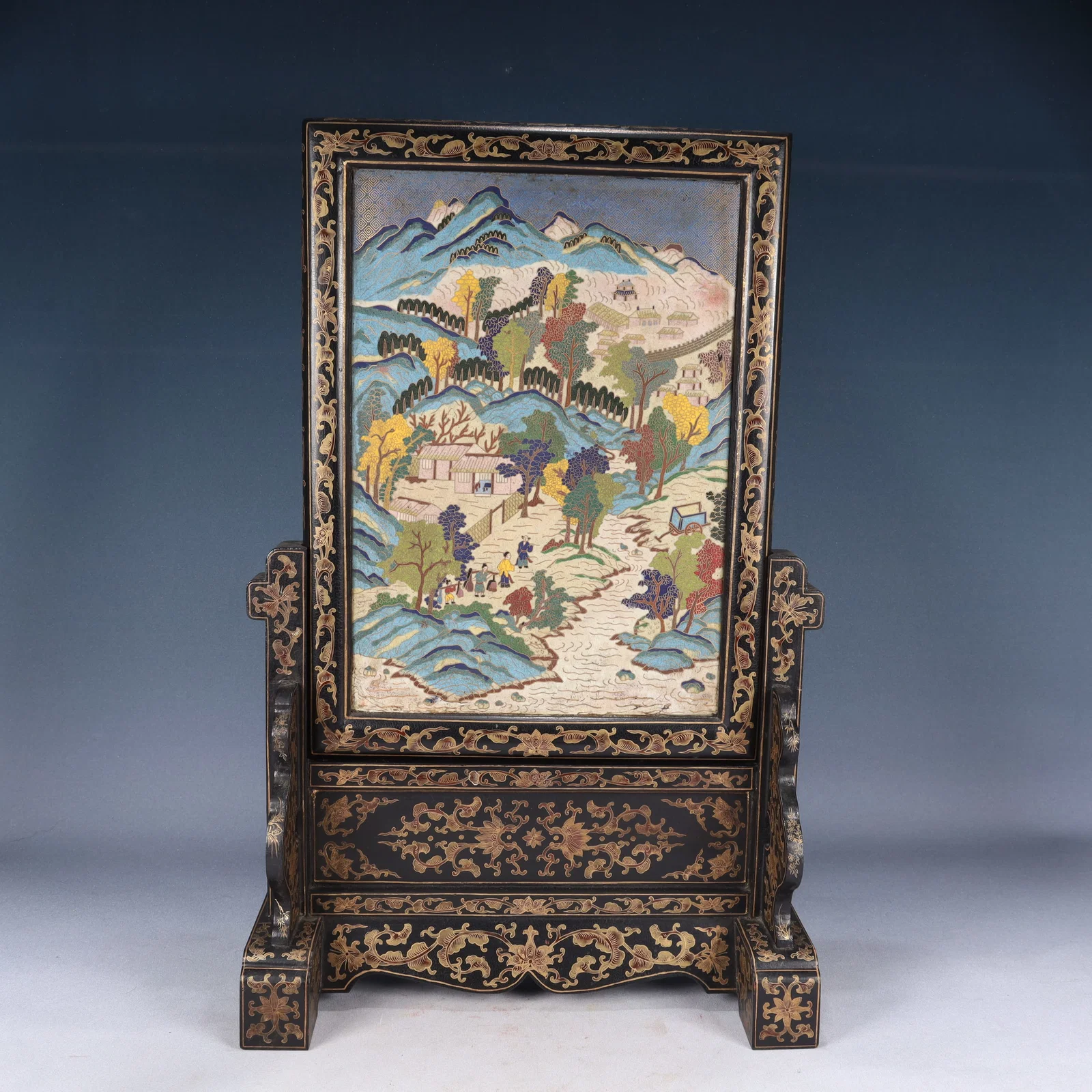 A Huge Black Lacquer Painted Gold Inlaid Cloisonne Landscape and Figure Pattern Table Screen