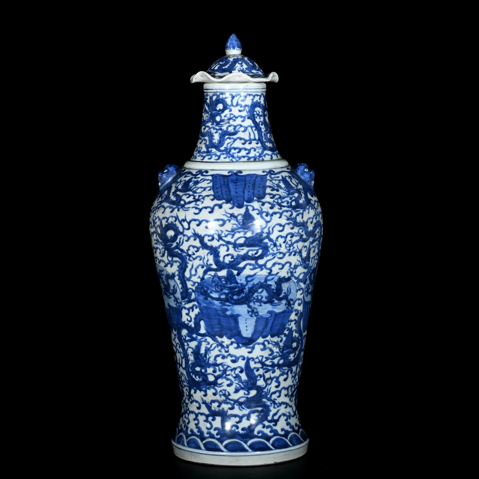 A Huge Blue and White Dragon Pattern Beast-Ears Bottle