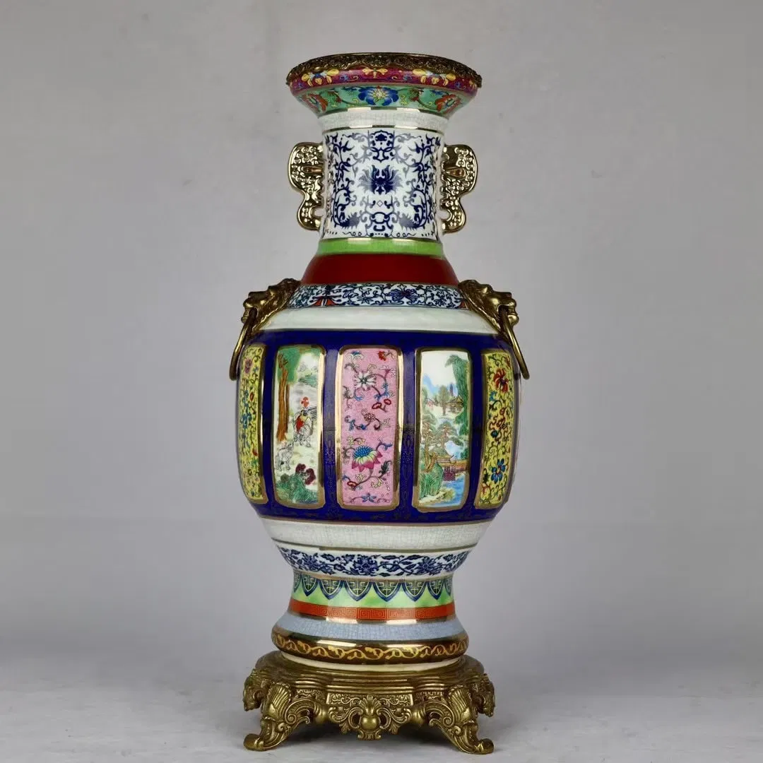 A Huge Blue and White Enamel Inlaid Bronze Landscape Pattern Double-Ears Vase