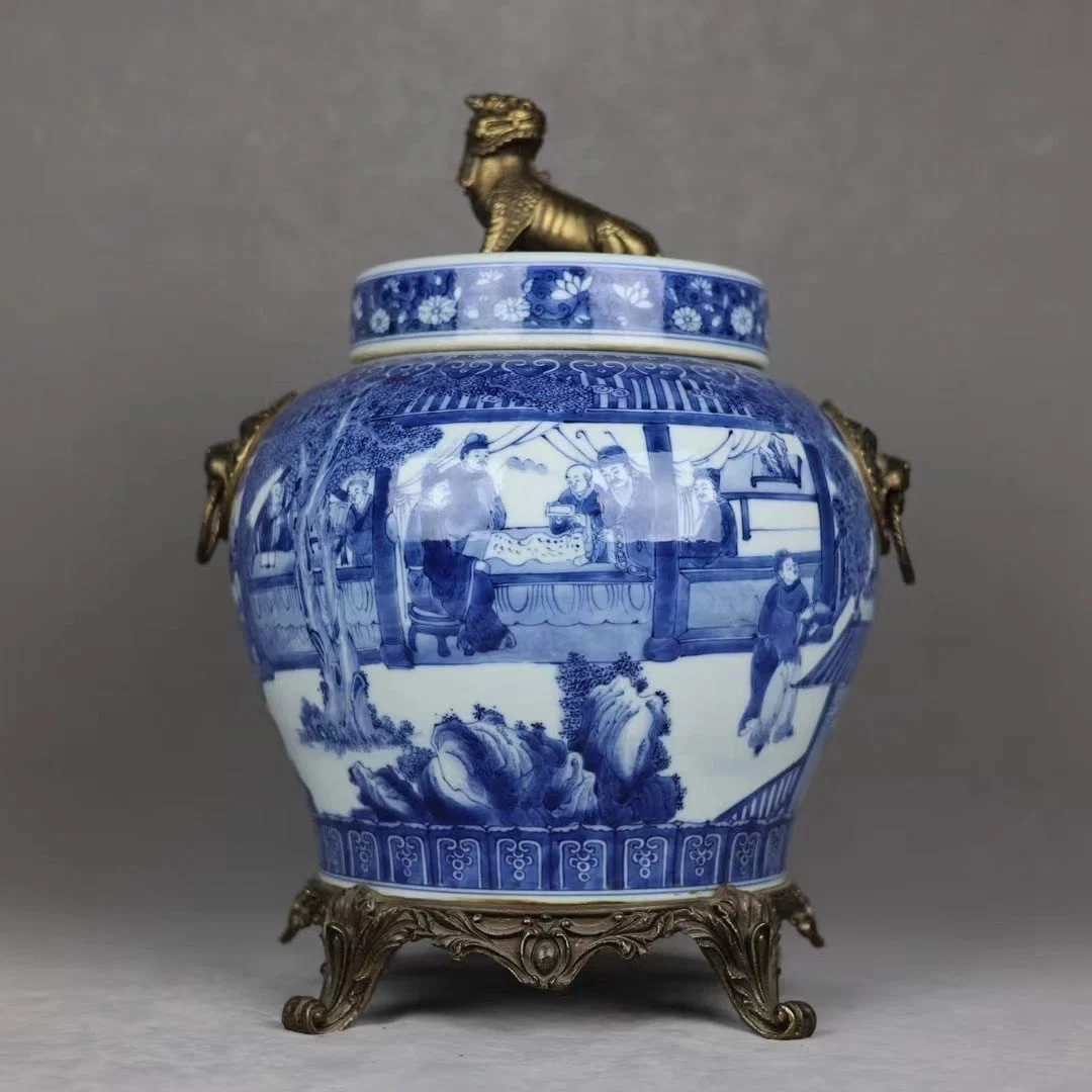 A Huge Blue and White Inlaid Bronze Figure and Story Pattern Lion-Ears Jar