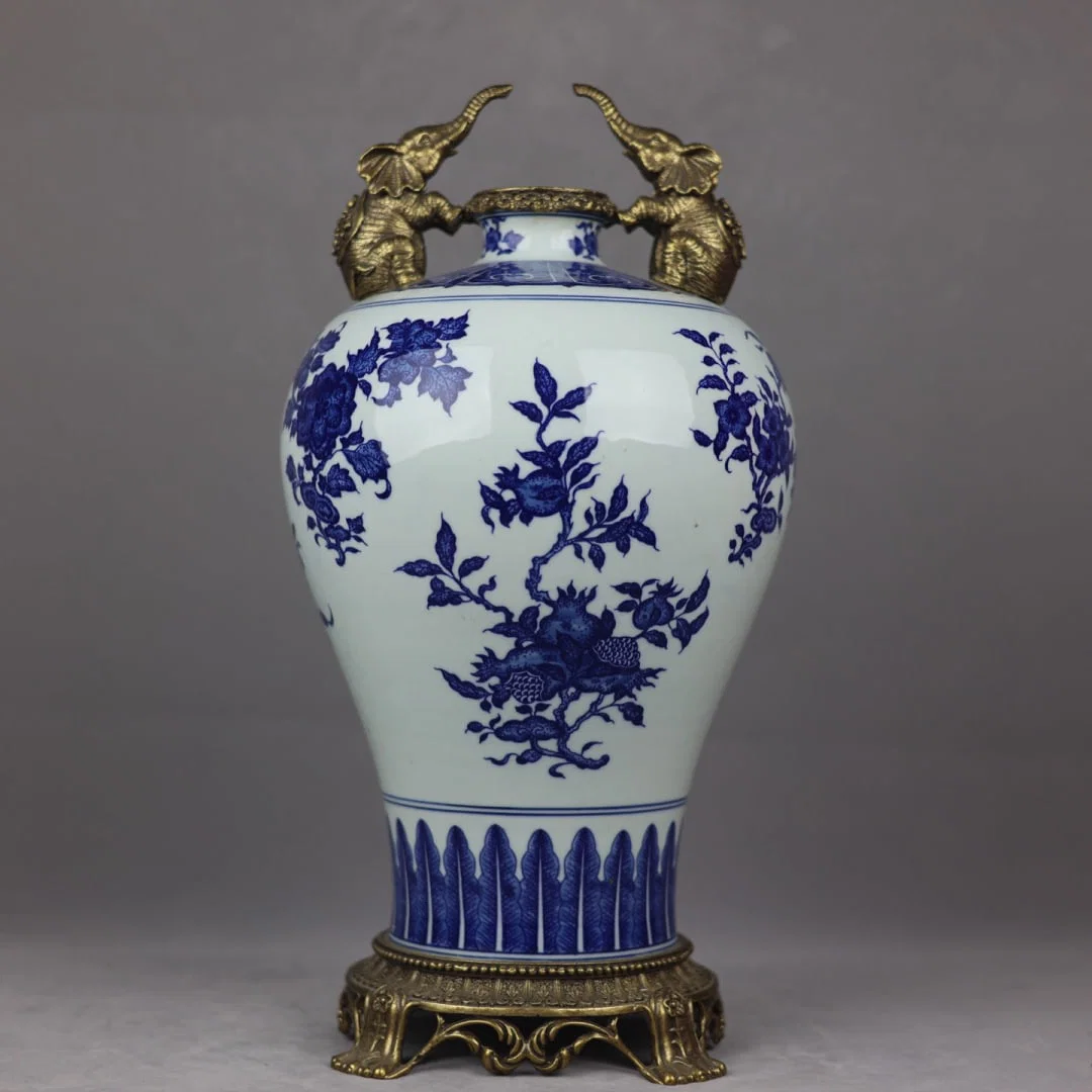 A Huge Blue and White Inlaid Bronze Flower and Fruit Pattern Elephant-Ears Vase