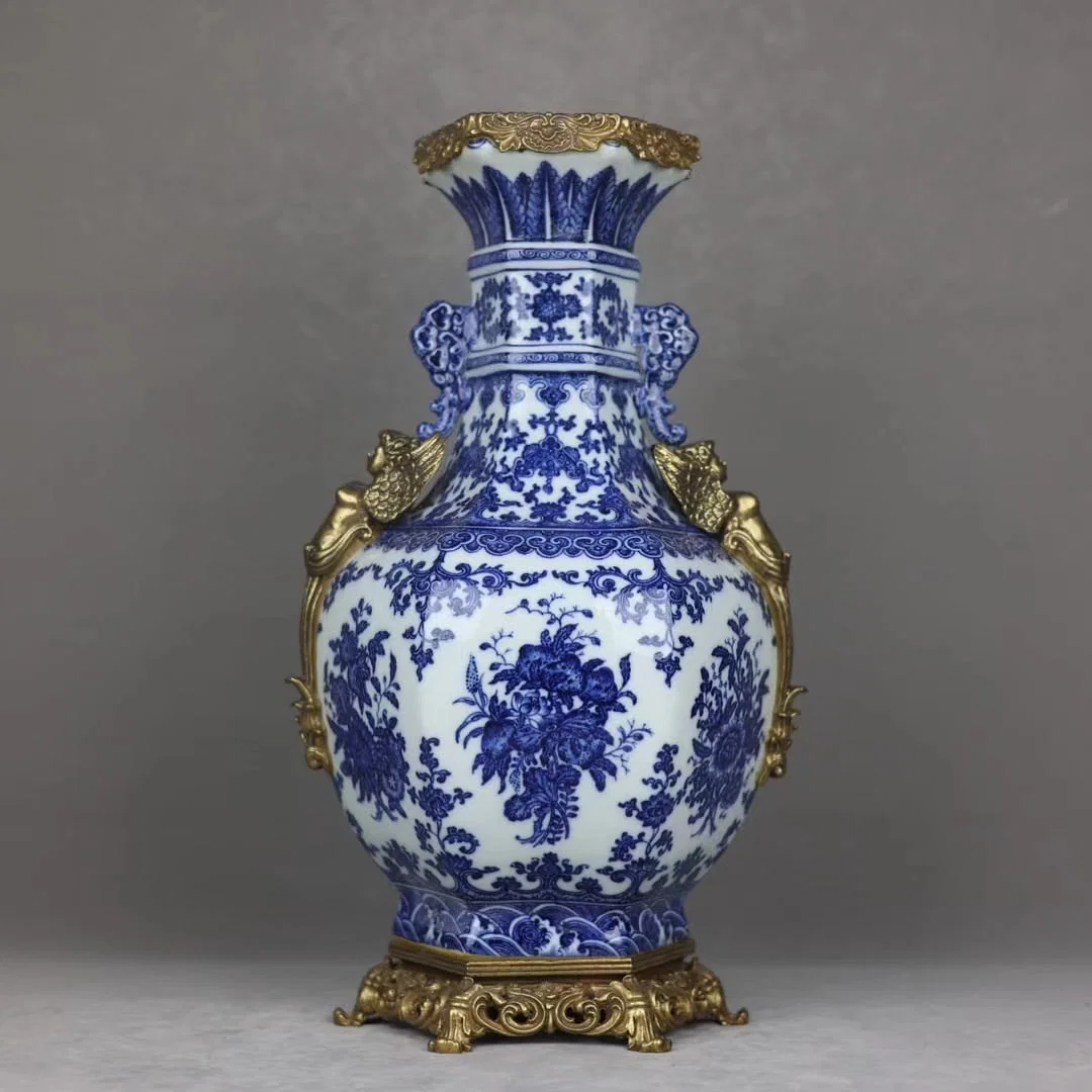 A Huge Blue and White Inlaid Bronze Lotus Pattern Double-Ears Vase