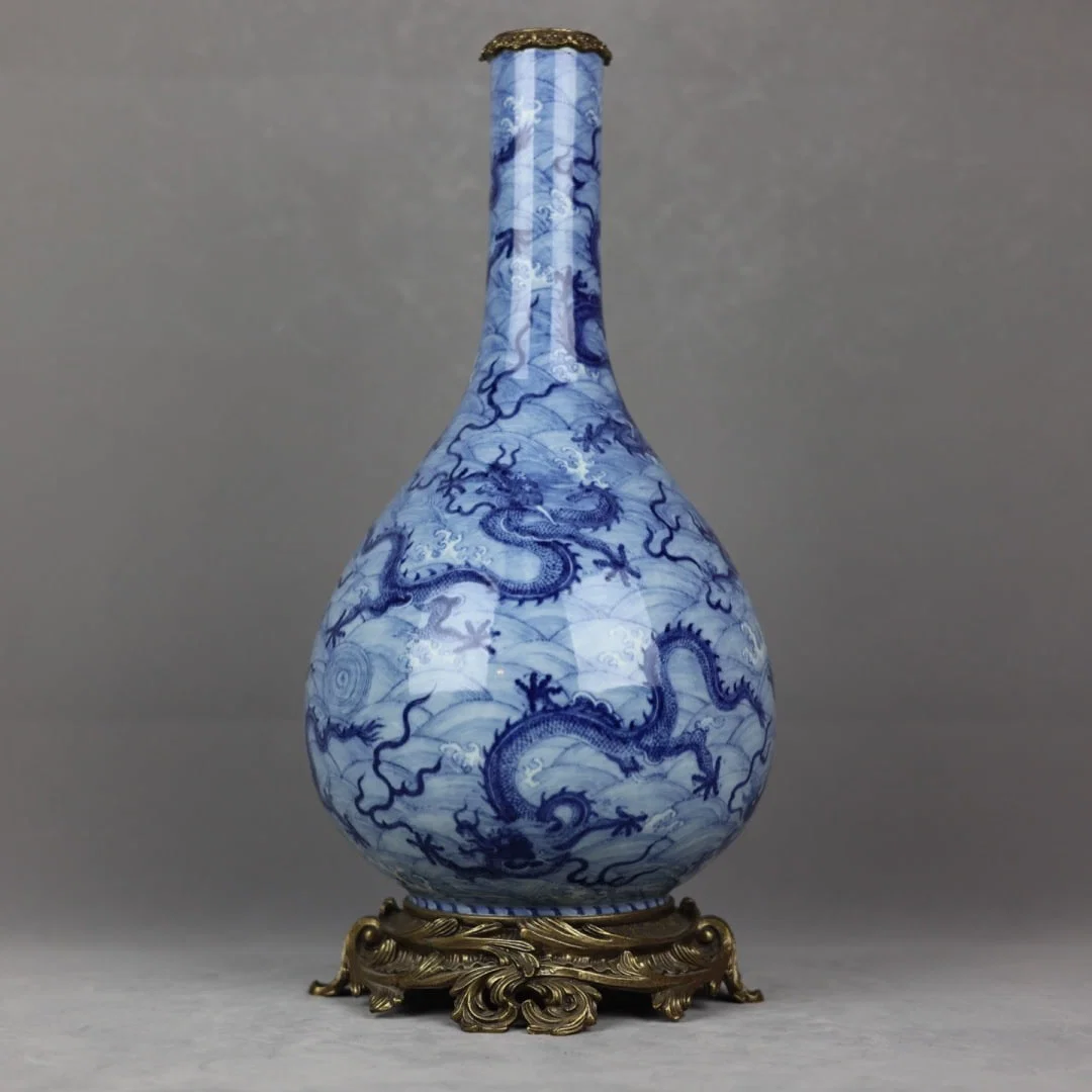 A Huge Blue and White Inlaid Bronze Seawater and Dragon Pattern Vase