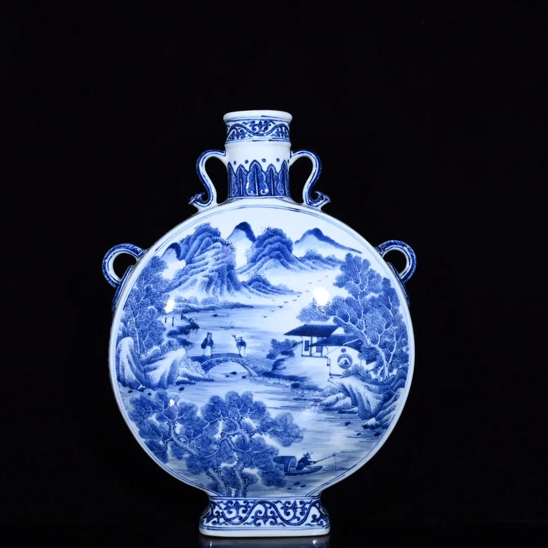 A Huge Blue and White Landscape and Figure Pattern Double-Ears Vase