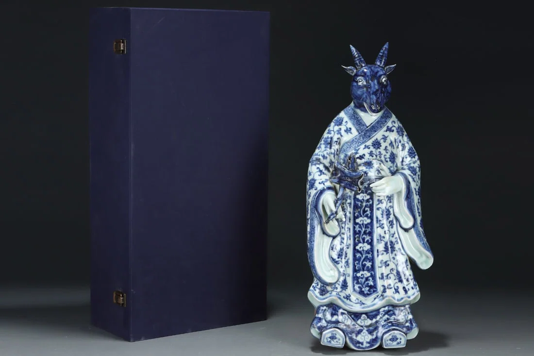 A Huge Blue and White Lotus Pattern Sheep Ornament