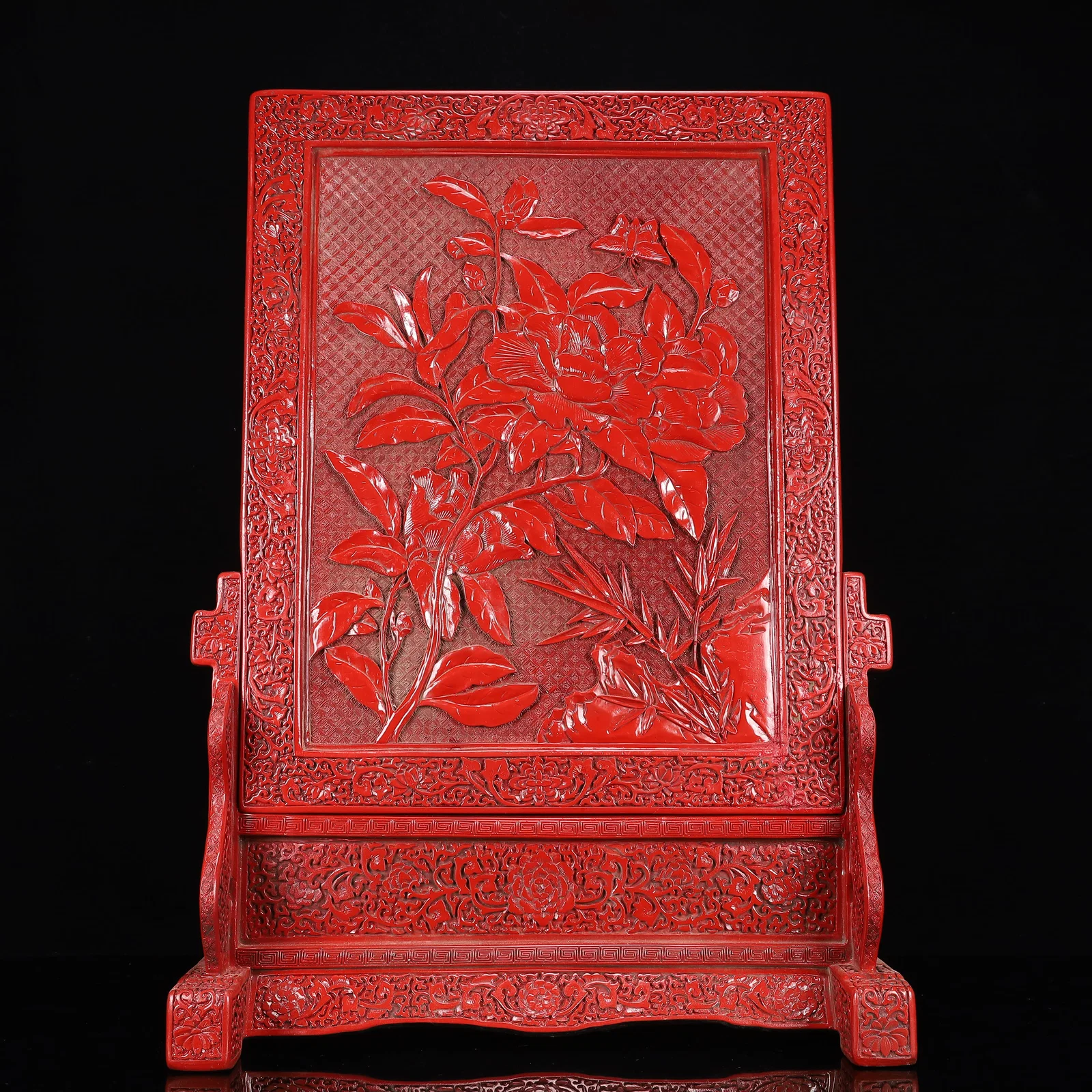 A Huge Carved Red Lacquer Landscape and Figure Pattern Table Screen