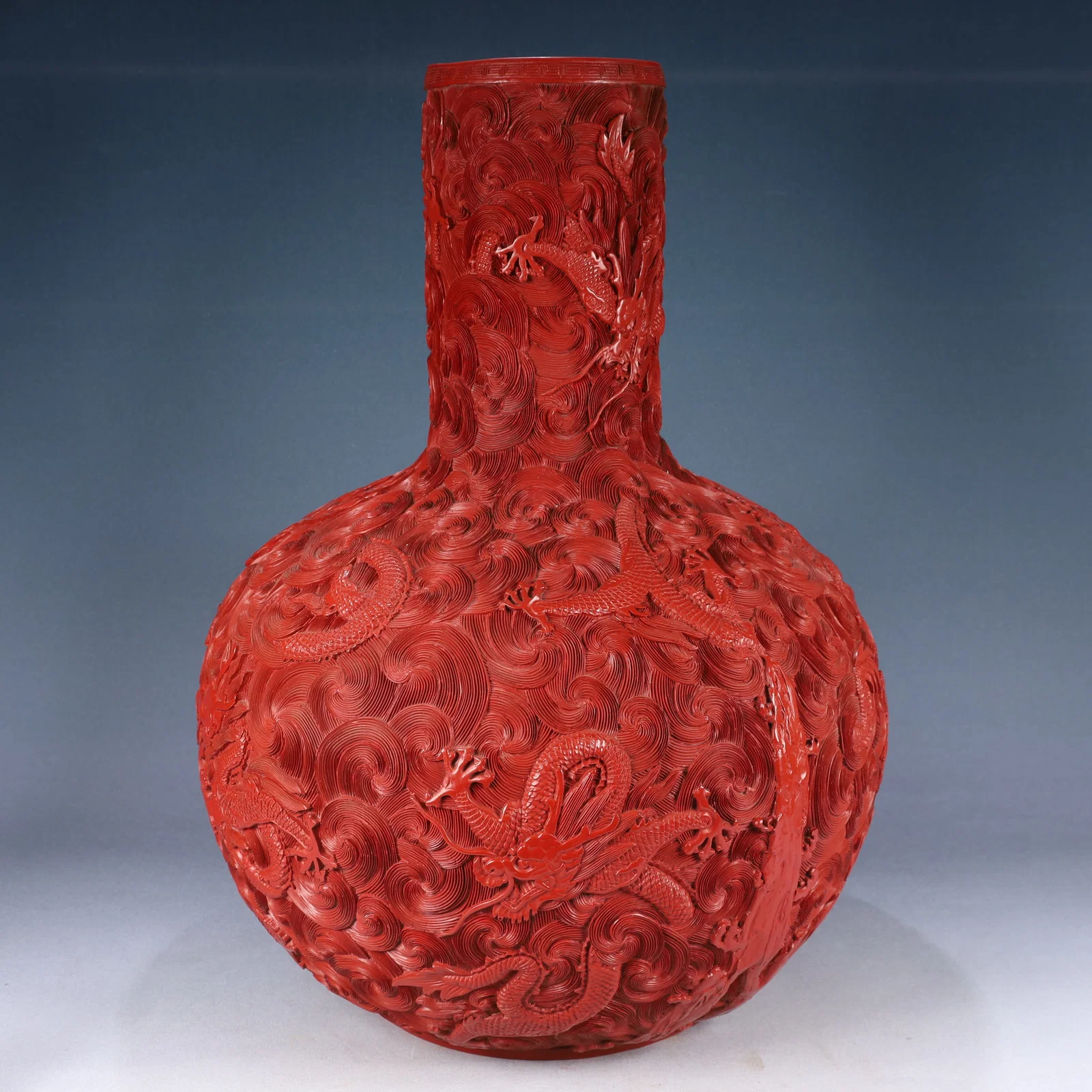 A Huge Carved Red Lacquer Seawater and Dragon Pattern Vase