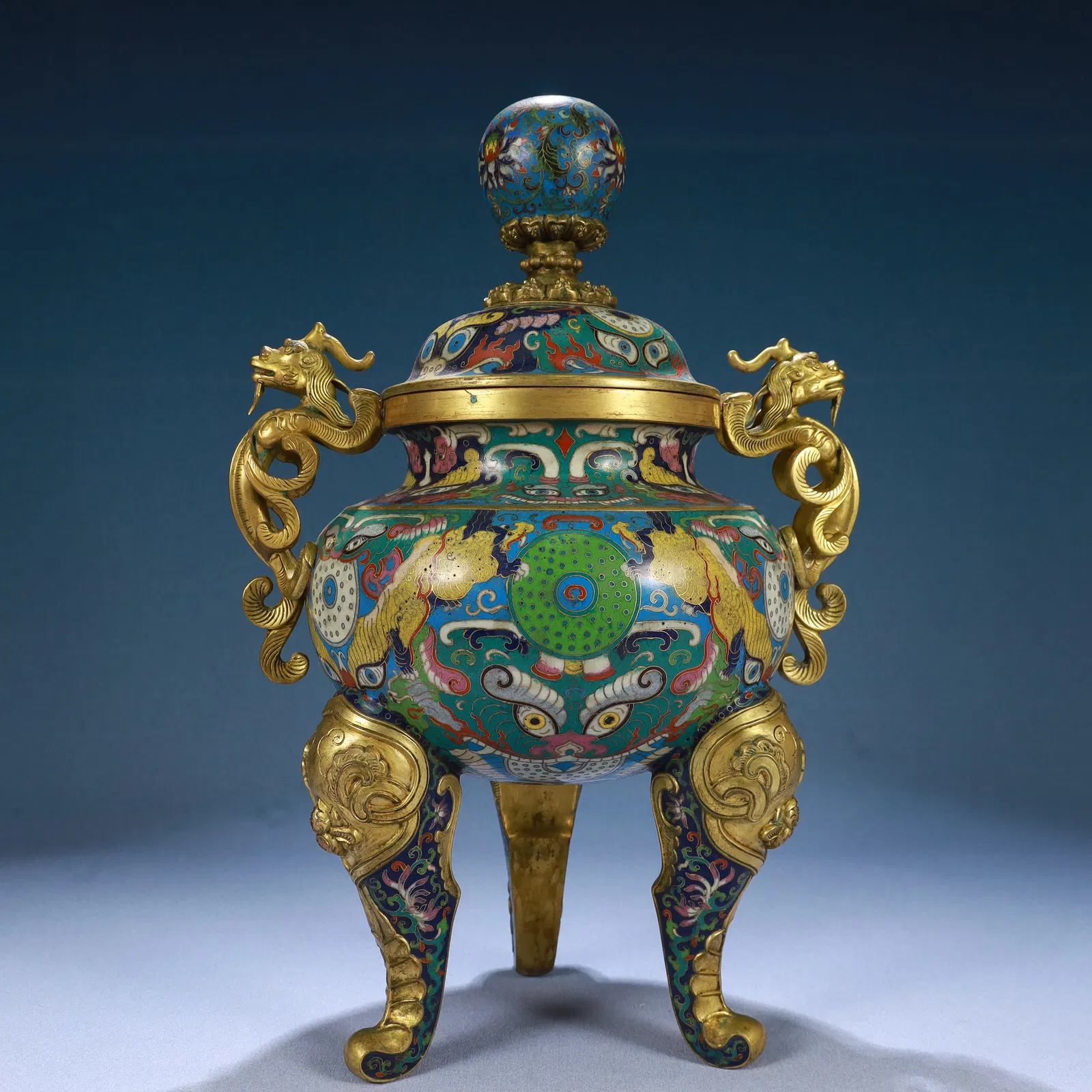 A Huge Cloisonne Beast-Face Pattern Dragon-Ears Tripod Censer