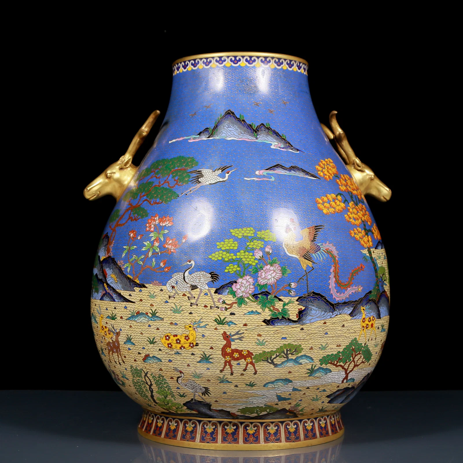 A Huge Cloisonne Deer and Crane Pattern Double-Ears Vase
