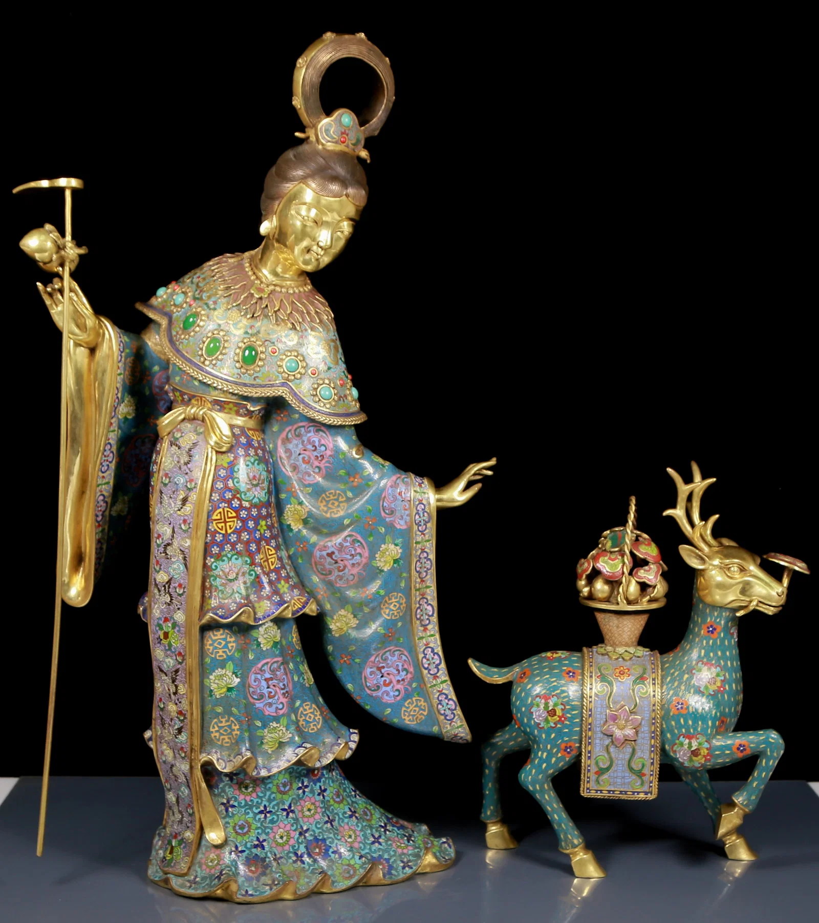 A Huge Cloisonne Inlaid Gems Figure and Deer Ornament