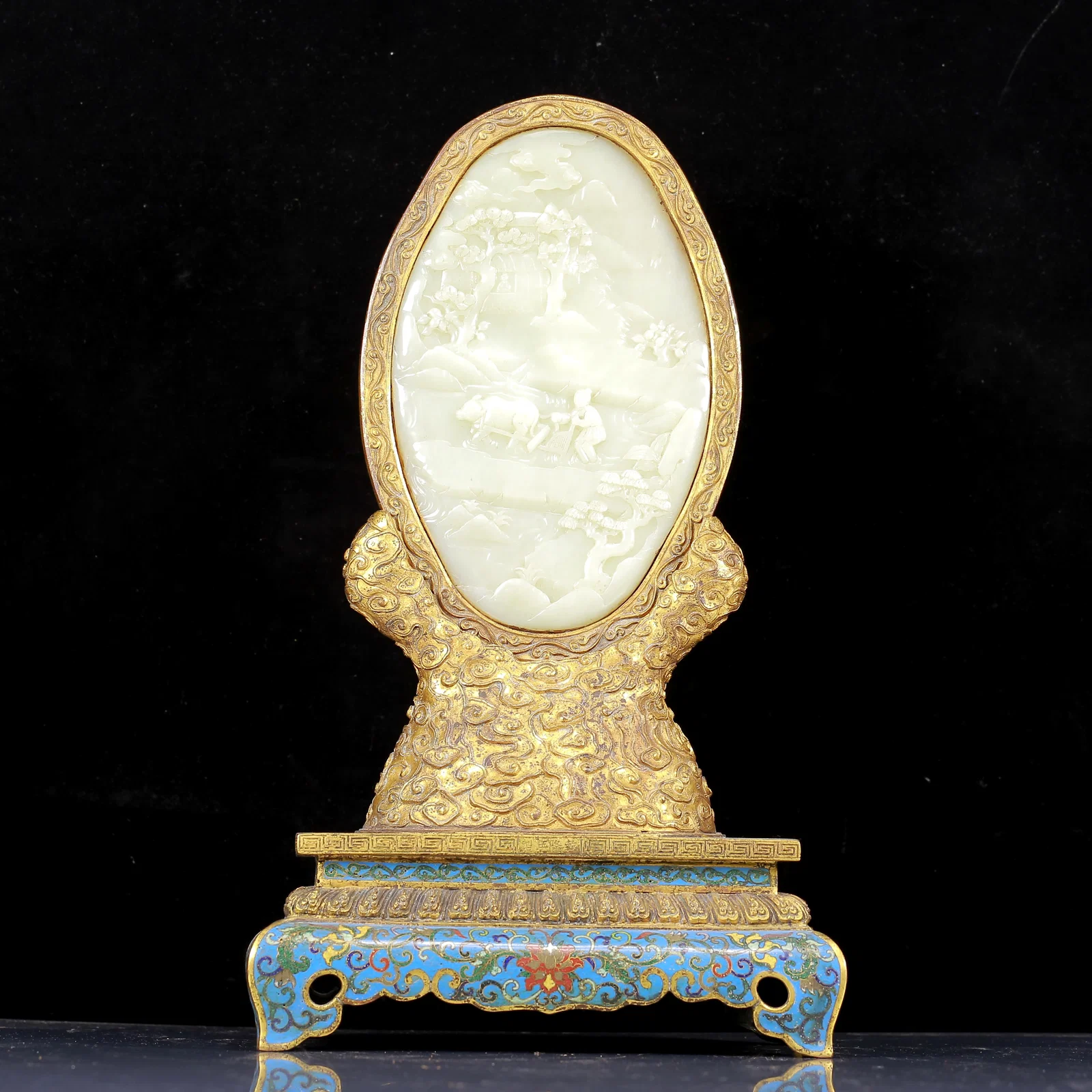 A Huge Cloisonne Inlaid White Jade Character and Story Pattern Table Screen