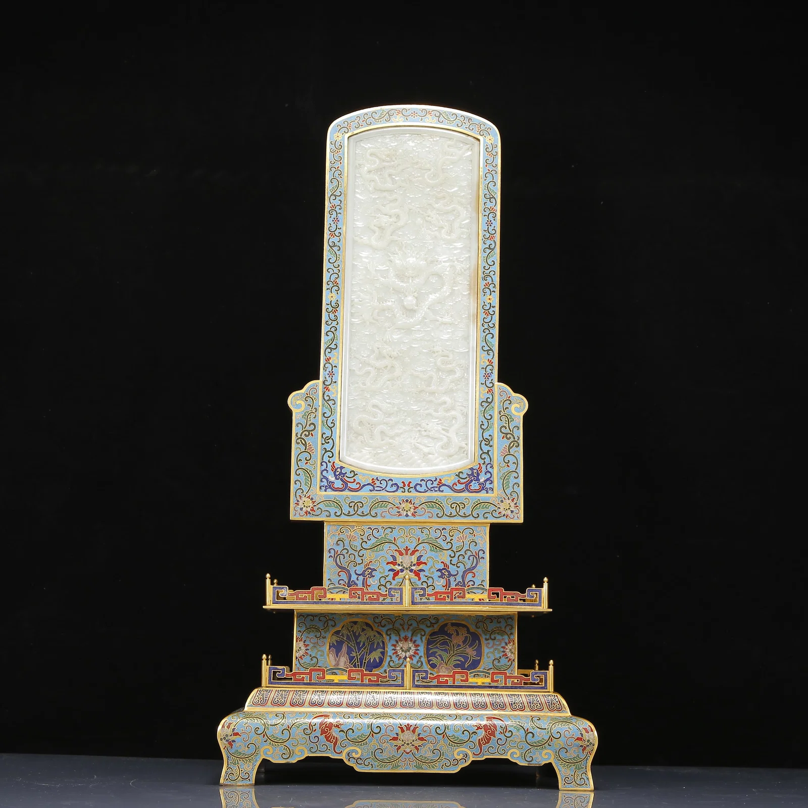A Huge Cloisonne Inlaid White Jade Dragon Pattern Table Screen