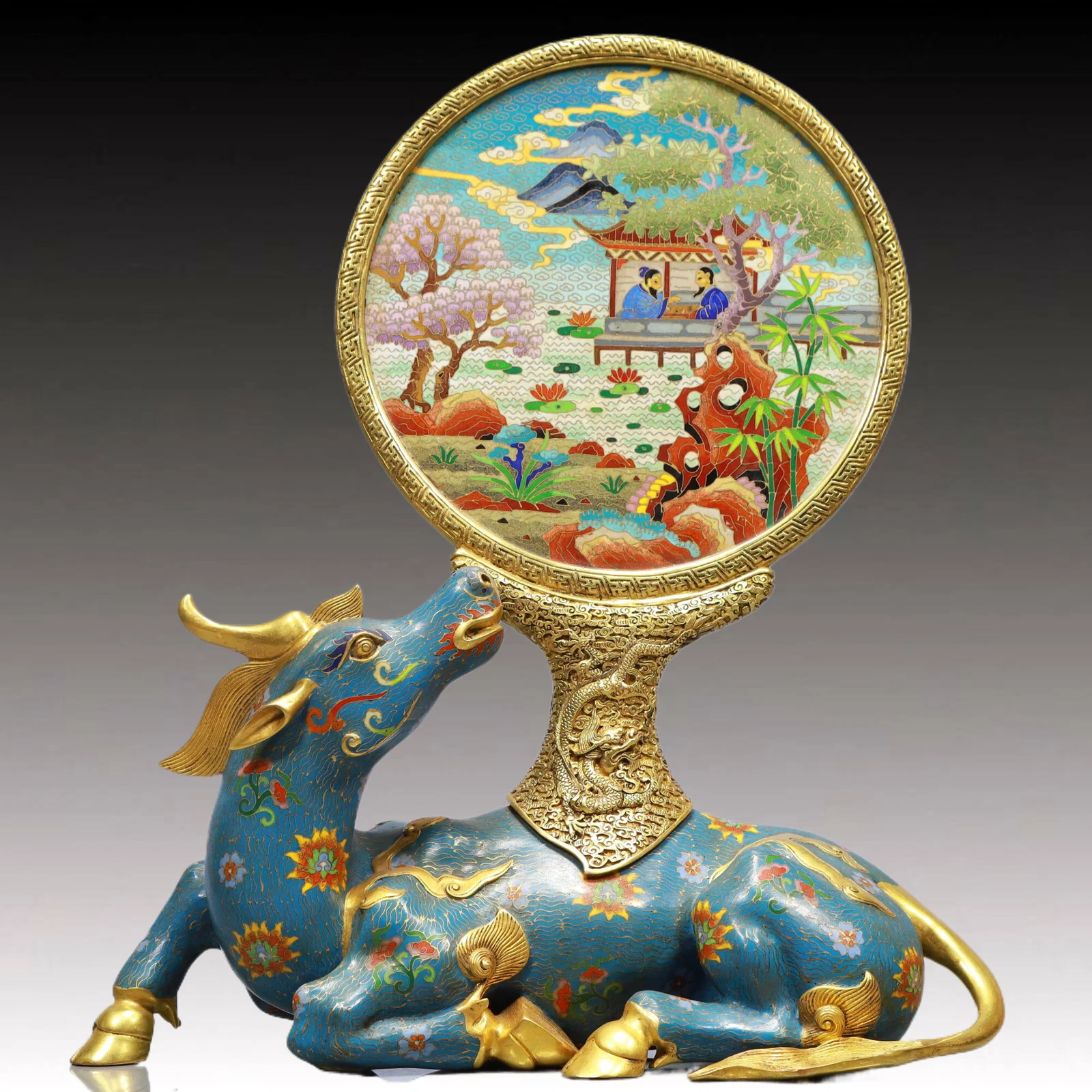 A Huge Cloisonne Landscape and Figure Pattern Auspicious Beast Table Screen
