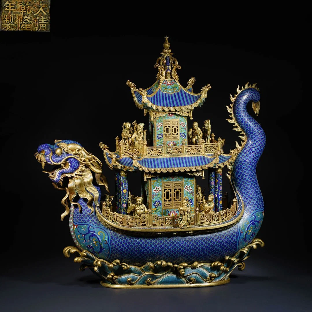 A Huge Cloisonne Lotus and Figure Pattern Dragon-Shaped Boat Ornament