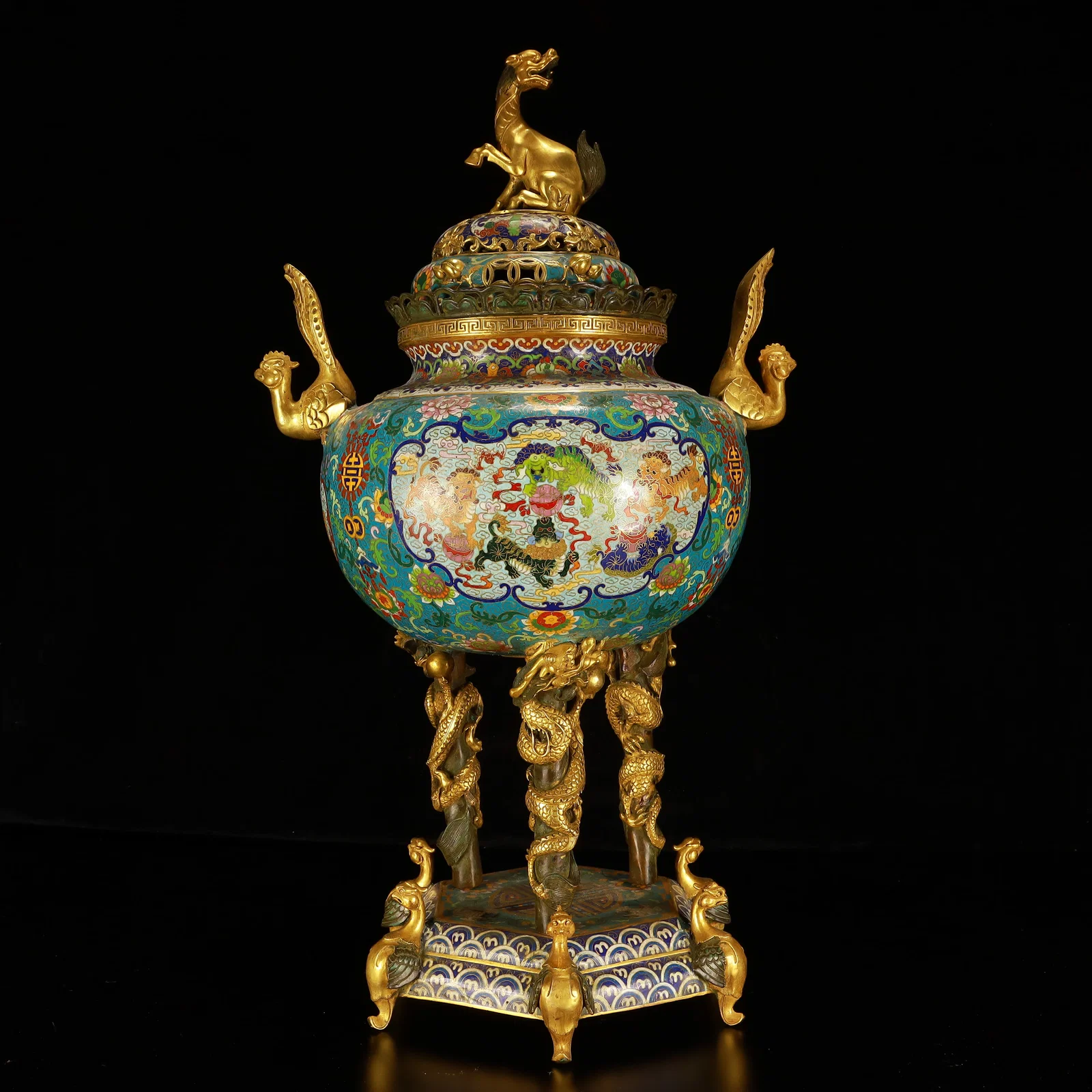 A Huge Cloisonne Lotus Phoenix-Ears and Dragon-Legs Censer