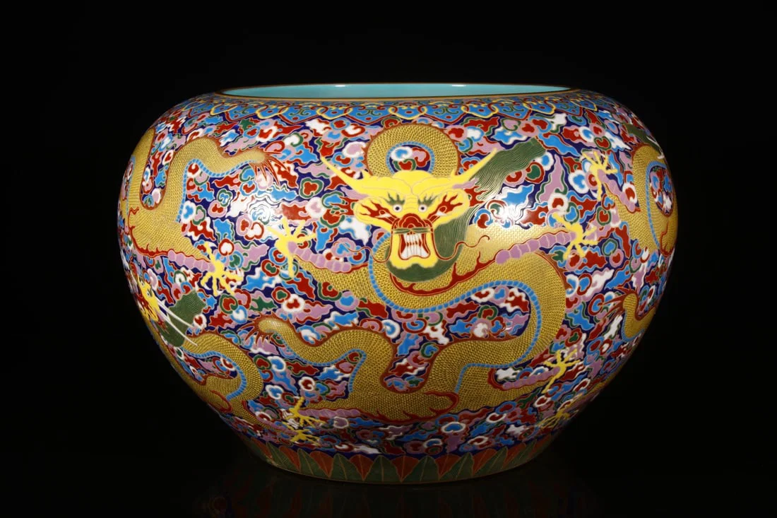 A Huge Enamel Auspicious Cloud and Dragon Pattern Vat