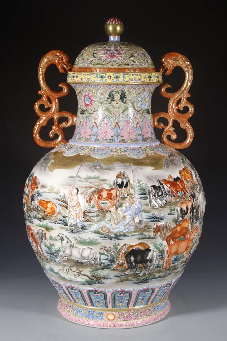 A Huge Enamel Character and Story Pattern Double-Ears Bottle