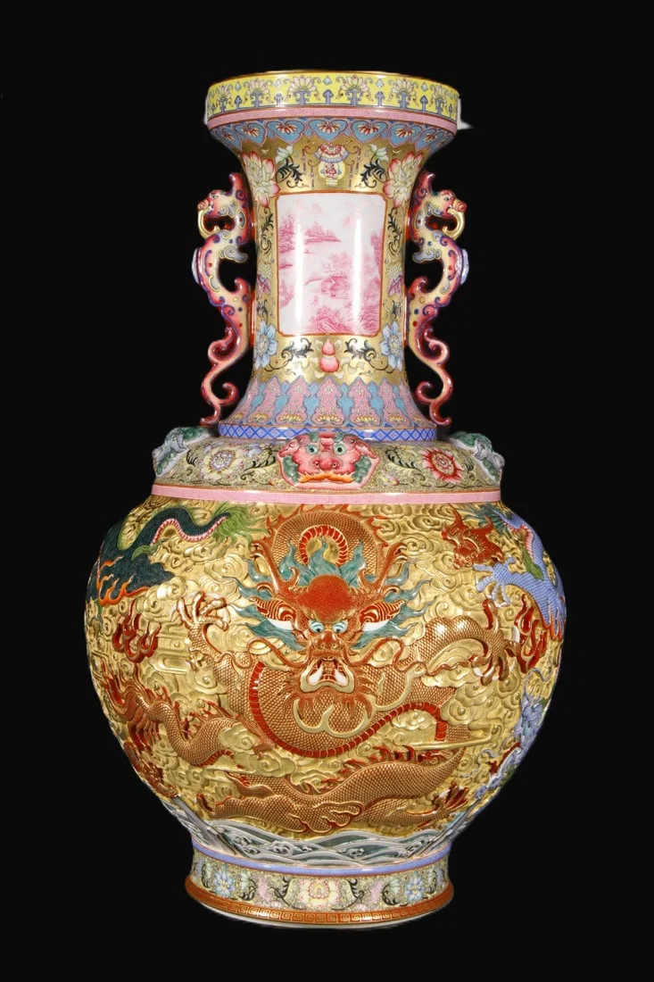 A Huge Enamel Gold Ground Auspicious Cloud and Dragon Pattern Double-Ears Vase