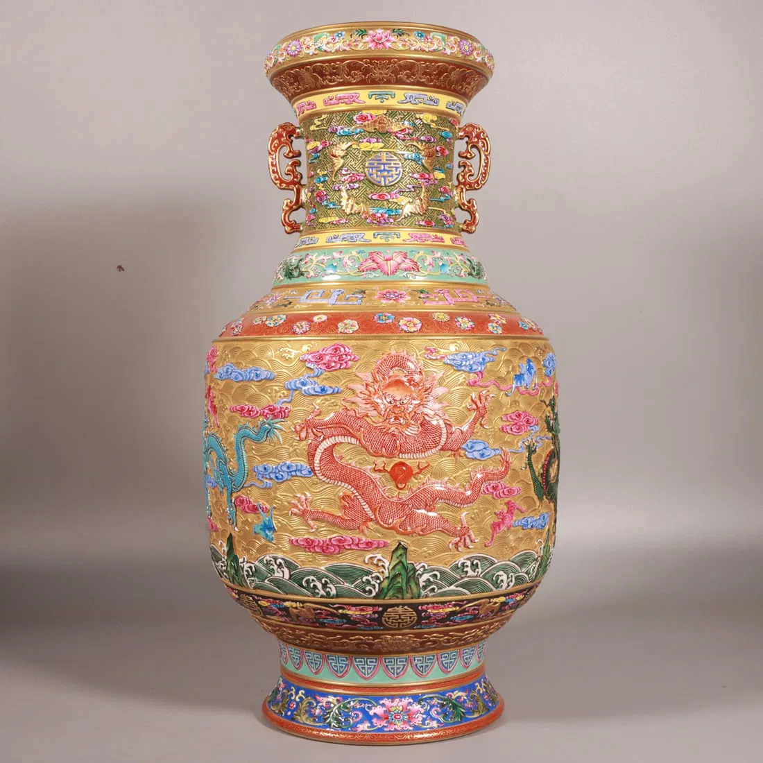 A Huge Enamel Gold Ground Seawater Auspicious Cloud and Dragon Pattern Dragon-Ears Vase