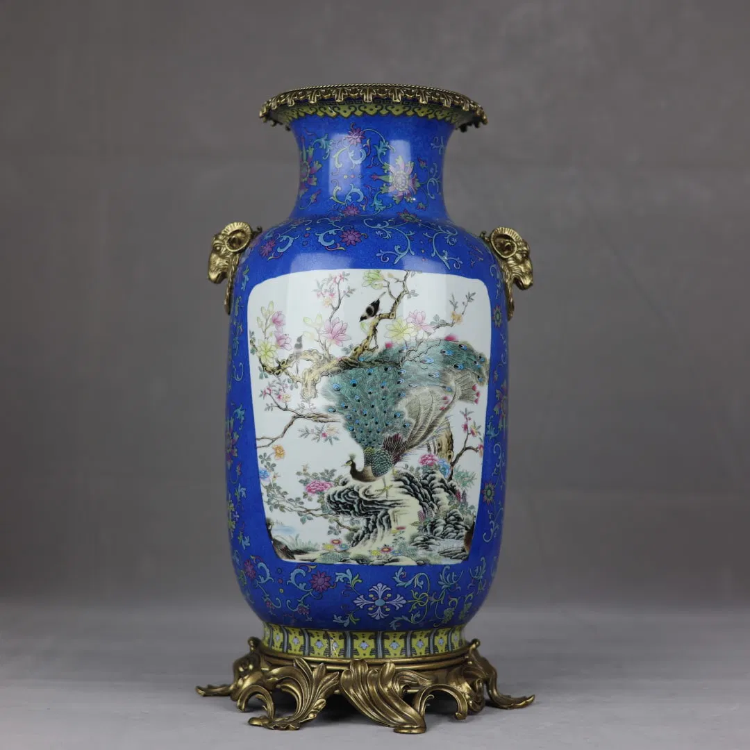A Huge Enamel Inlaid Bronze Flower and Peacock Pattern Sheep-Ears Vase