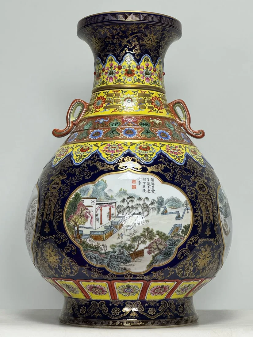 A Huge Enamel Ji Blue Glazed Painted Gold Landscape Pattern Double-Ears Vase,with poem