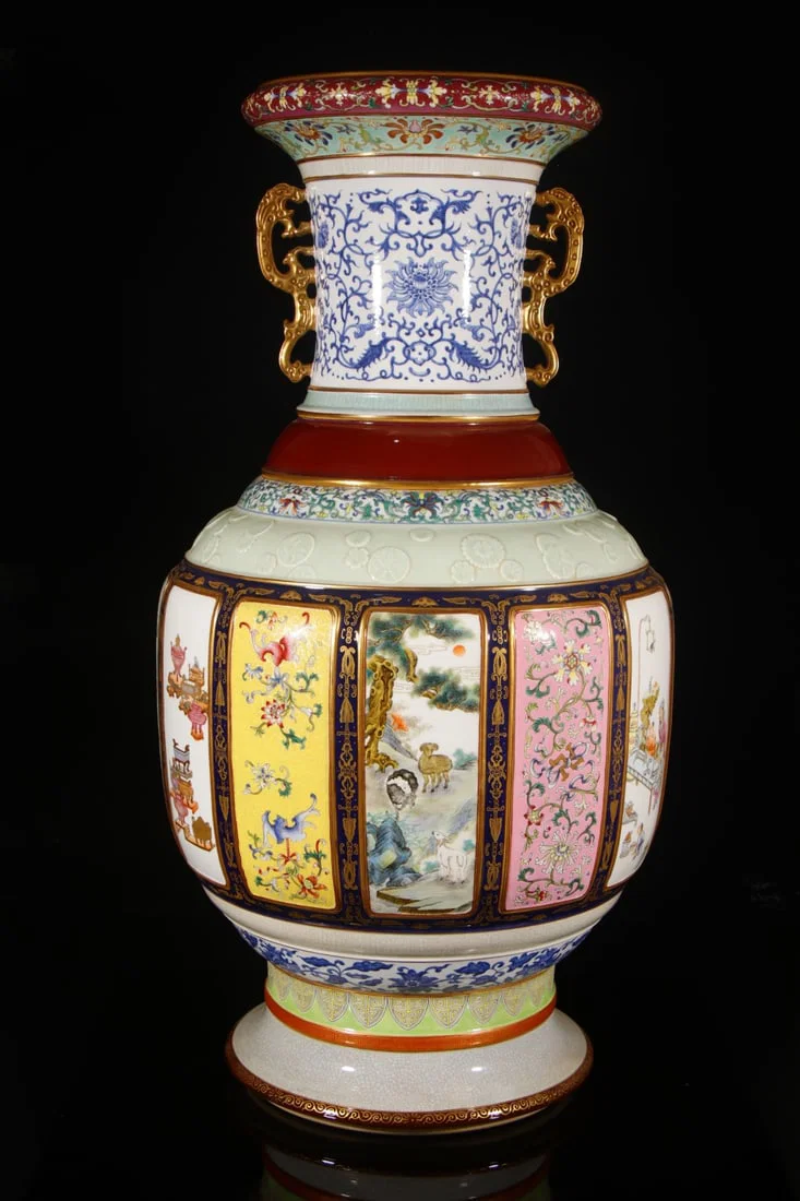 A Huge Enamel Lotus Pattern Double-Ears Vase