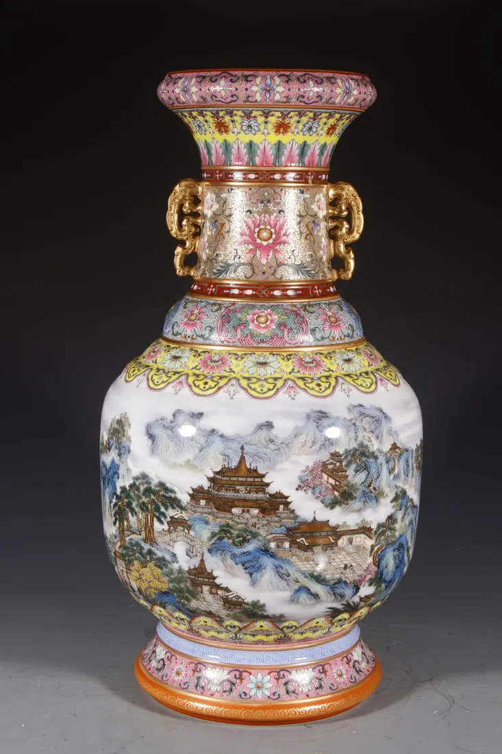A Huge Enamel Painted Gold Landscape and Figure Pattern Double-Ears Vase,With Poem