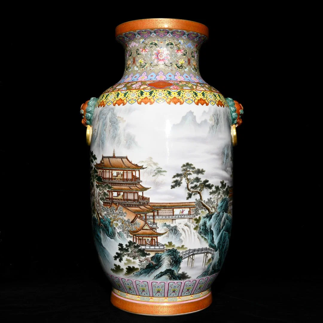 A Huge Enamel Painted Gold Landscape and Figure Pattern Lion-Ears Vase,With Poem