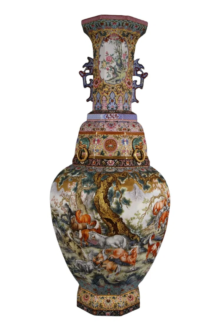 A Huge Enamel Painted Gold Landscape and Horse Pattern Double-Ears Vase