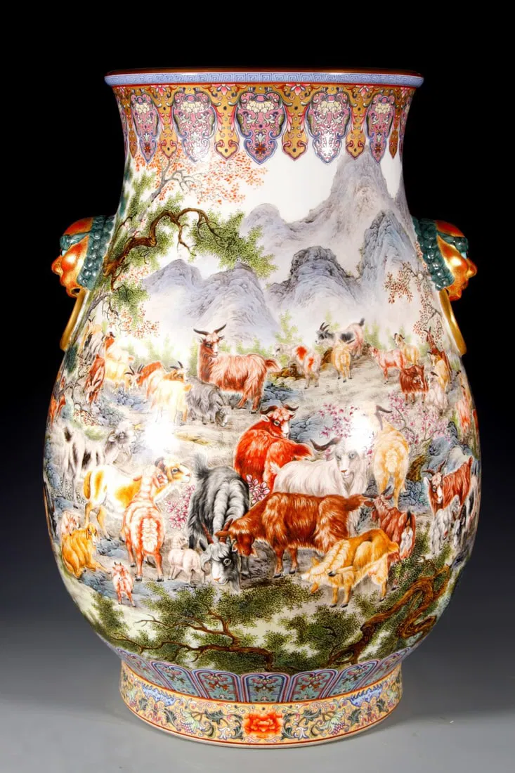 A Huge Enamel Painted Gold Landscape and Sheep Pattern Lion-Ears Vase