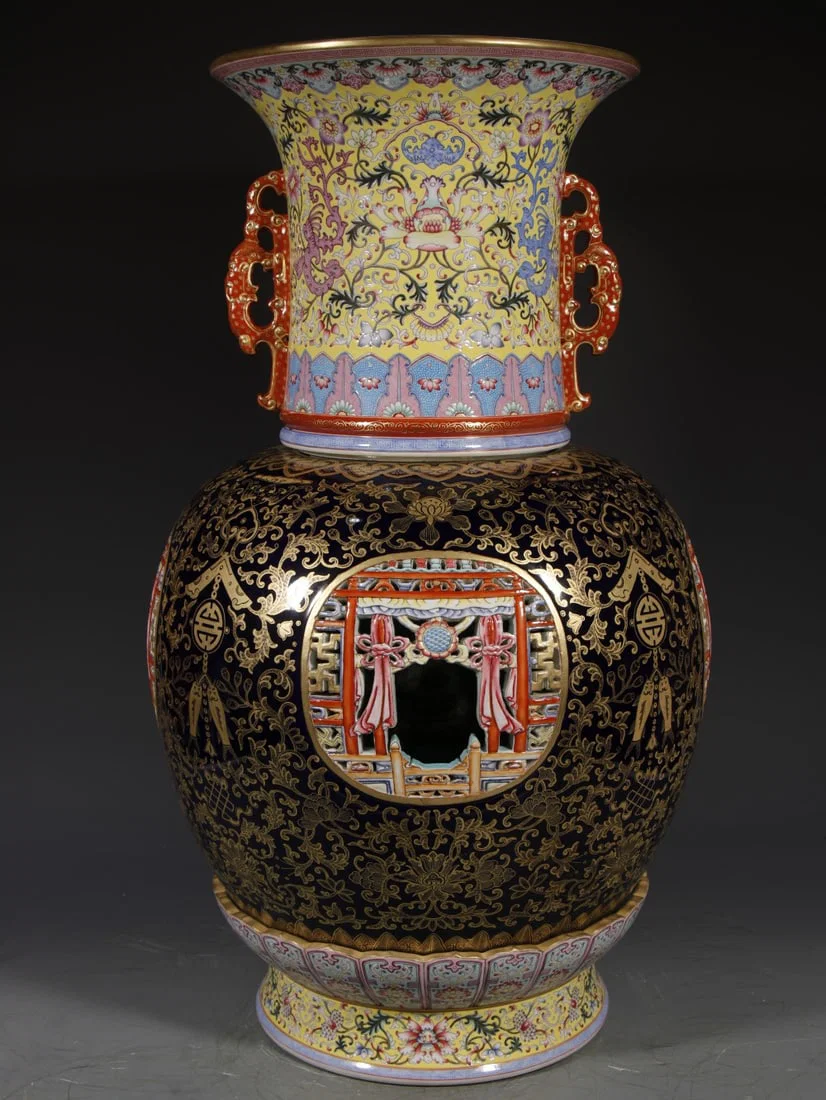 A Huge Enamel Painted Gold Lotus Pattern Double-Ears Vase