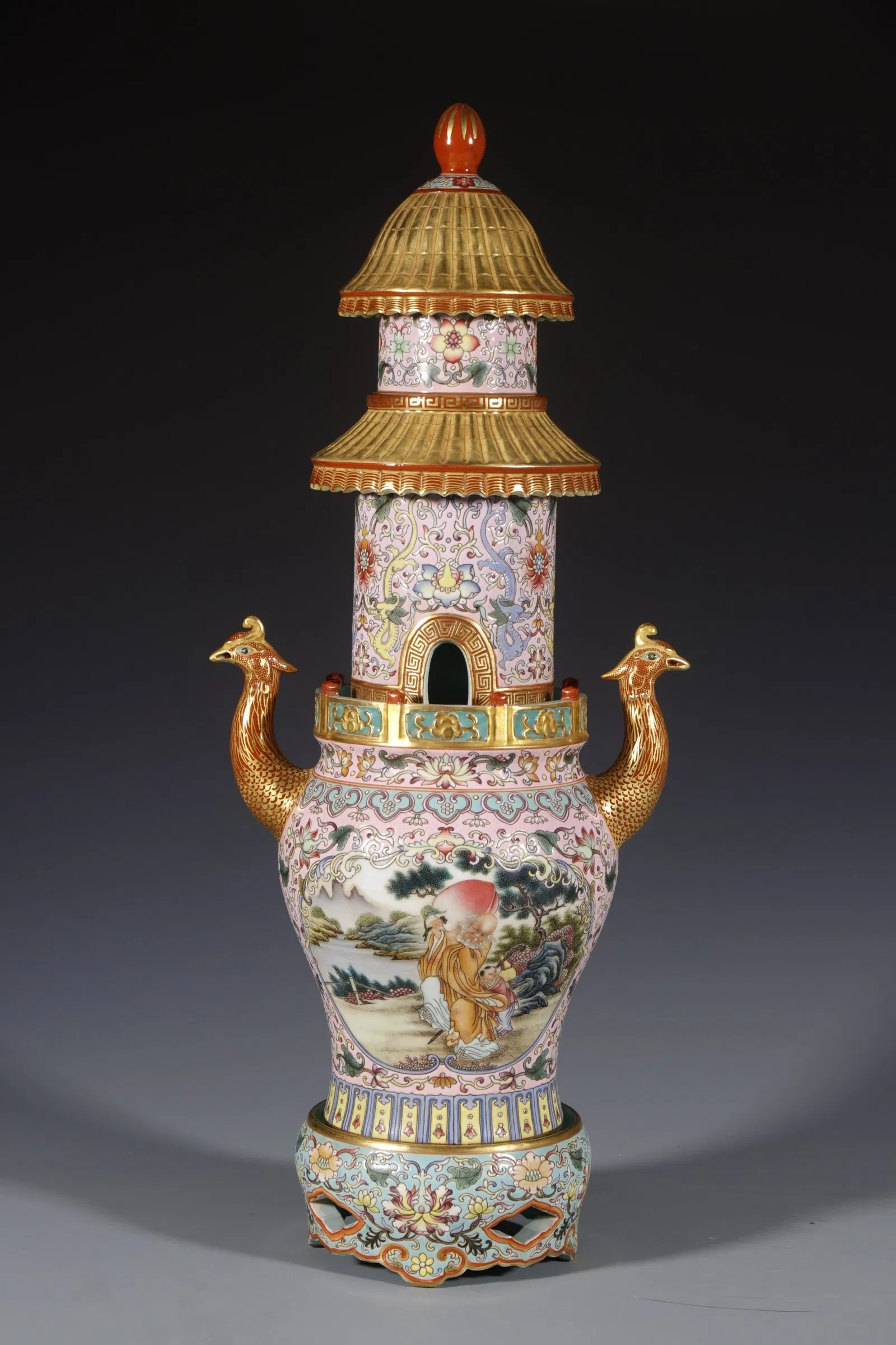 A Huge Enamel Pink Ground Painted Gold Lotus and Figure Pattern Phoenix-Ears Censer