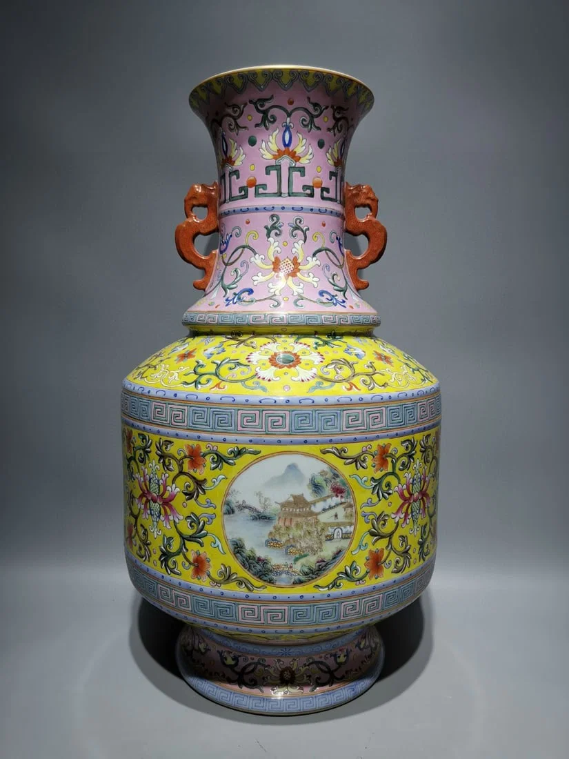 A Huge Enamel Pink Ground Yellow Ground Painted Gold Lotus and Landscape Pattern Double-Ears Vase